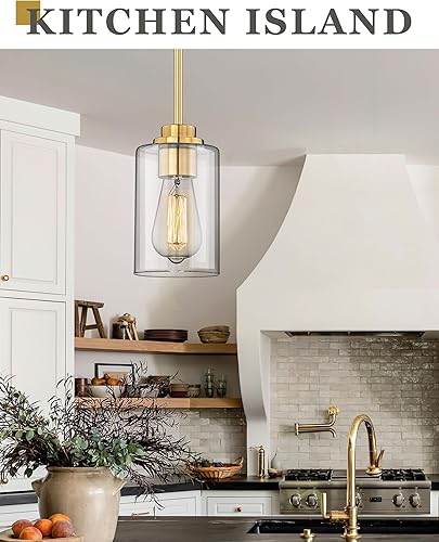 Miniatura 6 de AD-22281-1P2-GD-C - Luces colgantes de latón para isla de cocina, paquete de 2 unidades, iluminación colgante dorada de granja con pantalla de