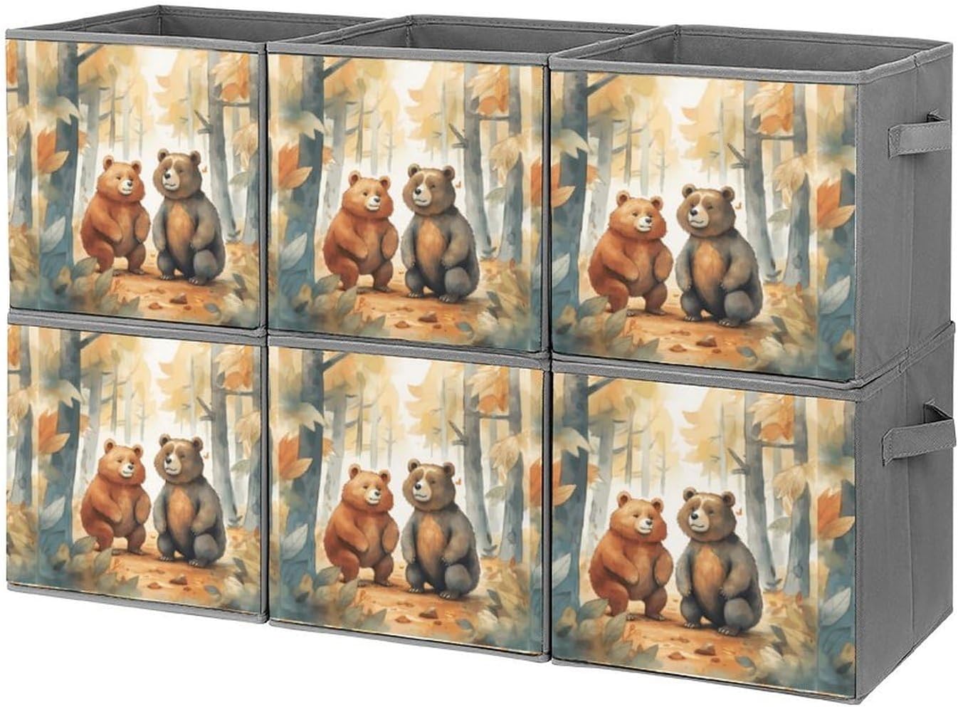 Bear in Woods Storage Cubes Set of 6 Storage Bins with Handles Collapsible Storage Basket Fabric Storage Box for Shelves Large Closet Shelf Organizer for Organization 11 Inch