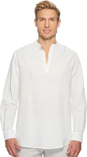 Perry Ellis Men's Long-Sleeve Solid Linen Cotton Popover Shirt, Bright White, S : Amazon.ae: Fashion