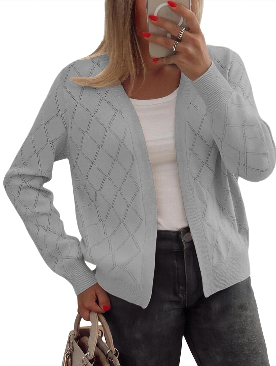 Halife Womens Lightweight Cardigan Sweaters Diamond Pattern Knit Open Front Long Sleeve Hollow Out Cardigans