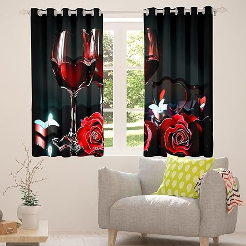 Miniatura 3 de Cortinas opacas de copa de vino rosa para sala de estar, cortinas de torre Eiffel, cortinas florales de rosas rojas y negras, cortinas de