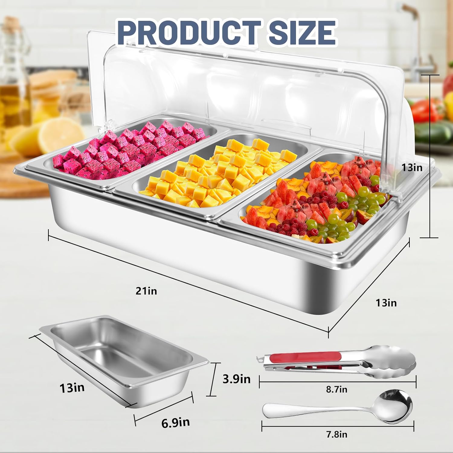 Countertop Ice Food Serving Display Tray with 3 Pan, Portable Salad Bar Buffet Station for Home, Cold Food Buffet Server, Pizza Topping Station, Cold Buffet Table Serving Station for Party