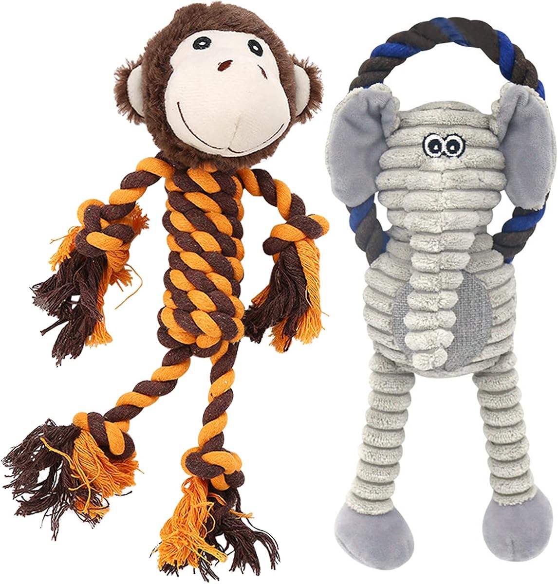 Juguete para perros con cuerda de mono, juguete para perros con sonido de elefante de peluche, paquete de 2 | Cuerda rellena para masticar y tirar, juego interactivo en interiores y exteriores para mantenerse ocupado, regalo de cumpleaños para entrenamiento, para perros pequeños, medianos y grandes