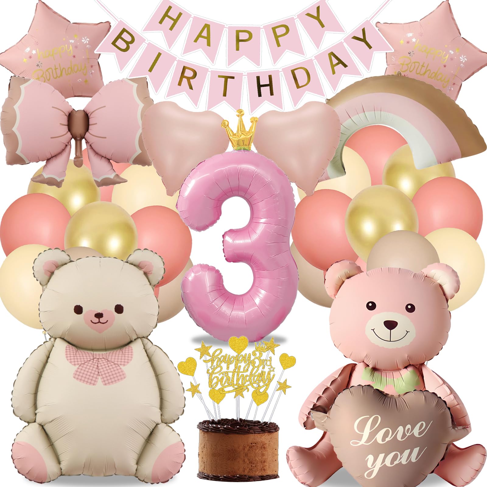 3. Geburtstag Mädchen Bär Deko Party, Luftballon Geburtstag 3 Jahr Rosa Gold, Kindergeburtstag Deko Liebe Regenbogen Bogen, Happy Birthday Banner und Tortendeko (Geburtstagsdeko 3 Jahr Mädchen Set)
