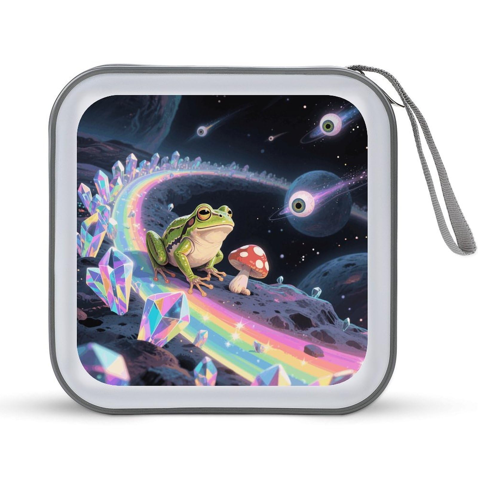 VstaDank Funny Space Frog Mushroom CD Case Portable Zipper CD Case 40 Capacity Hard Plastic DVD Cases Holder Large Storage Disc Wallet Bag for Car Home Travel DVD Collection Bag