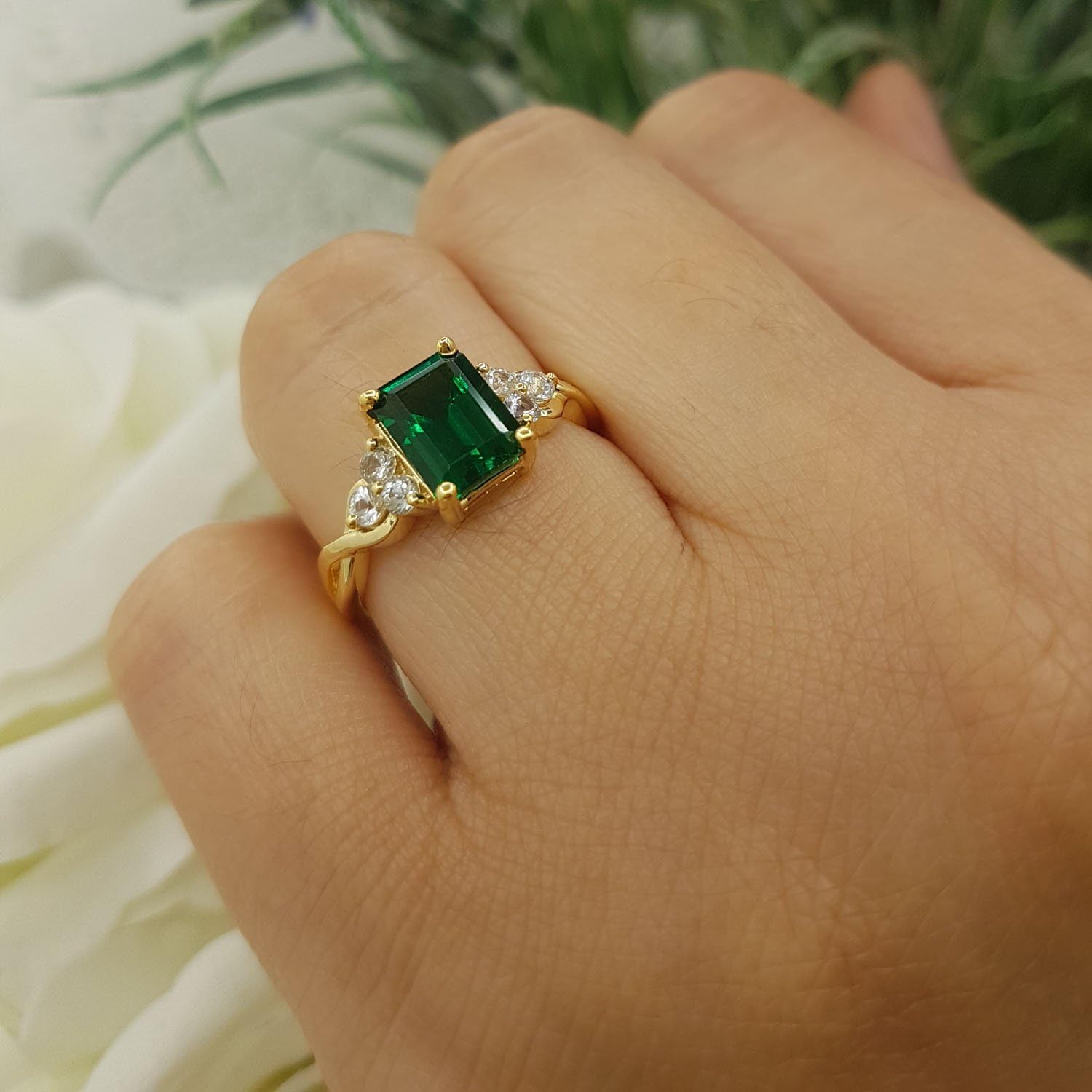 Dazzlingrock Collection 8x6mm Emerald Shape Lab Created Emerald & Round Lab Created White Sapphire Crisscross Shank Engagement Ring for Women in 10K Real Solid Gold