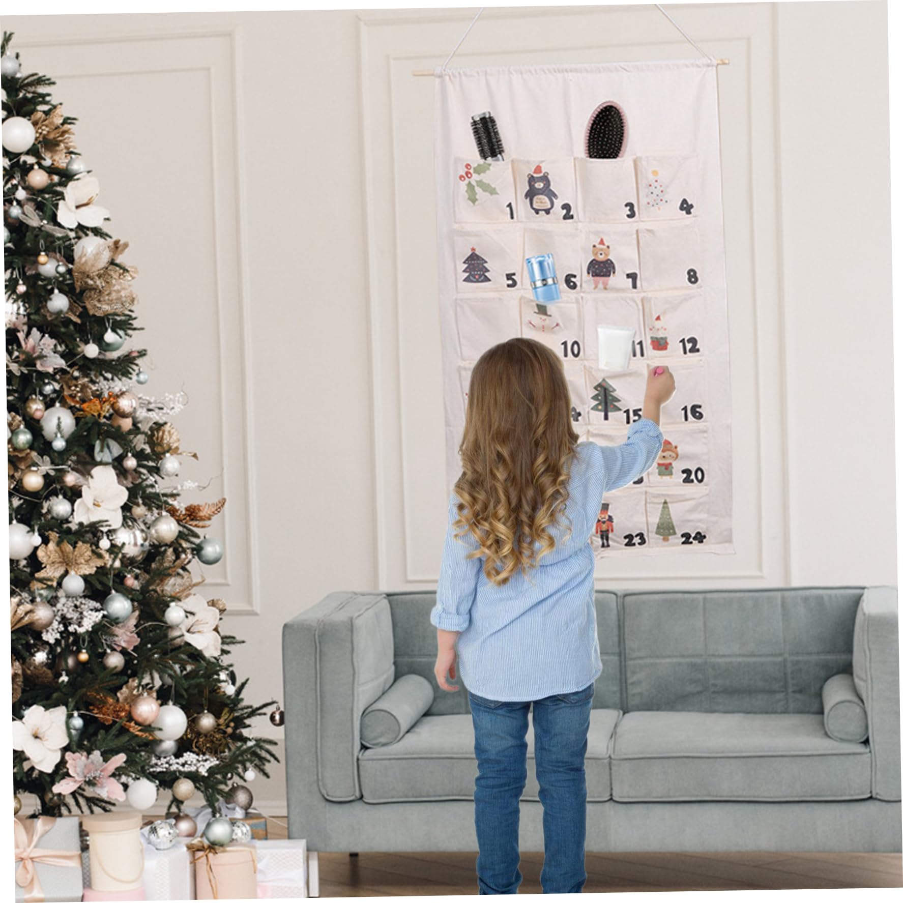 Gcroet Calendario dell'Avvento sospeso con 24 Tasche Calendario Avvento di Natale Organizzatore Portable Down -Portable per Decorazioni di Natale per Porte o pareti