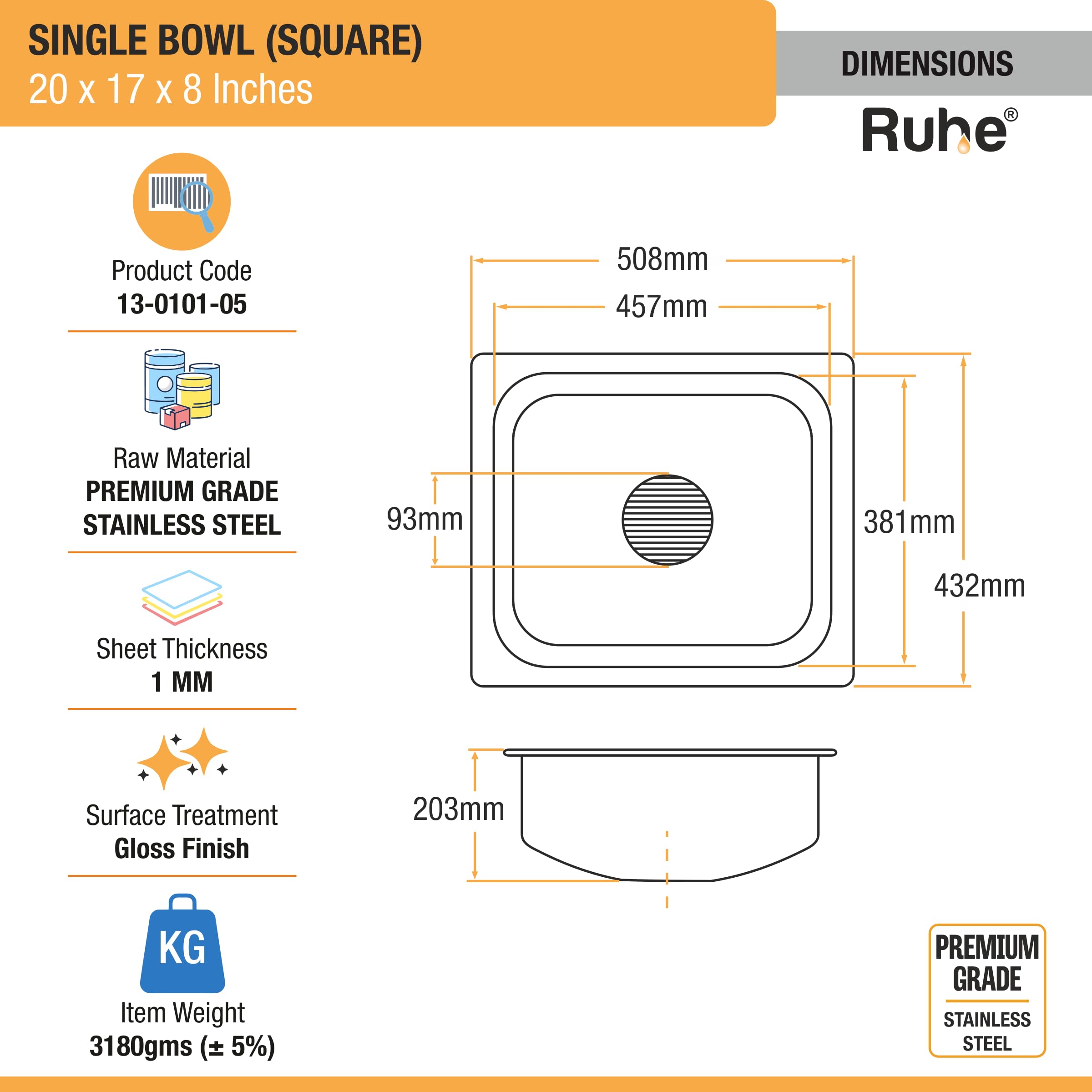 Ruhe® Kitchen Sink | Square Bowl Stainless Steel Kitchen Sink | (20x17x8 Inches) | Glossy Finish with Sink Coupling and Waste Pipe