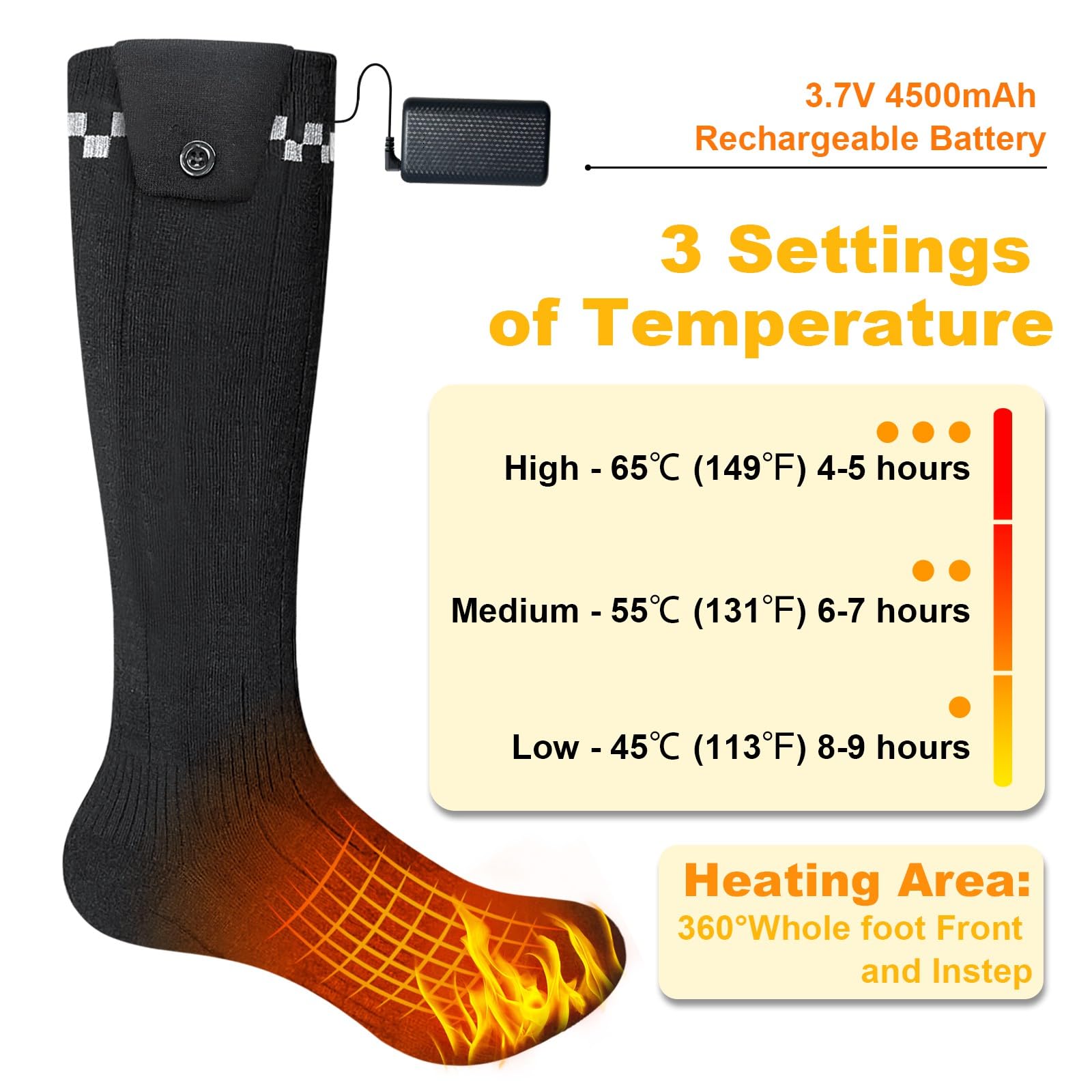 Chaussettes chauffantes pour Hommes Femmes,Chaussettes chauffantes avec Batterie Rechargeable 4500mAh Chauffe-Pieds-Gris