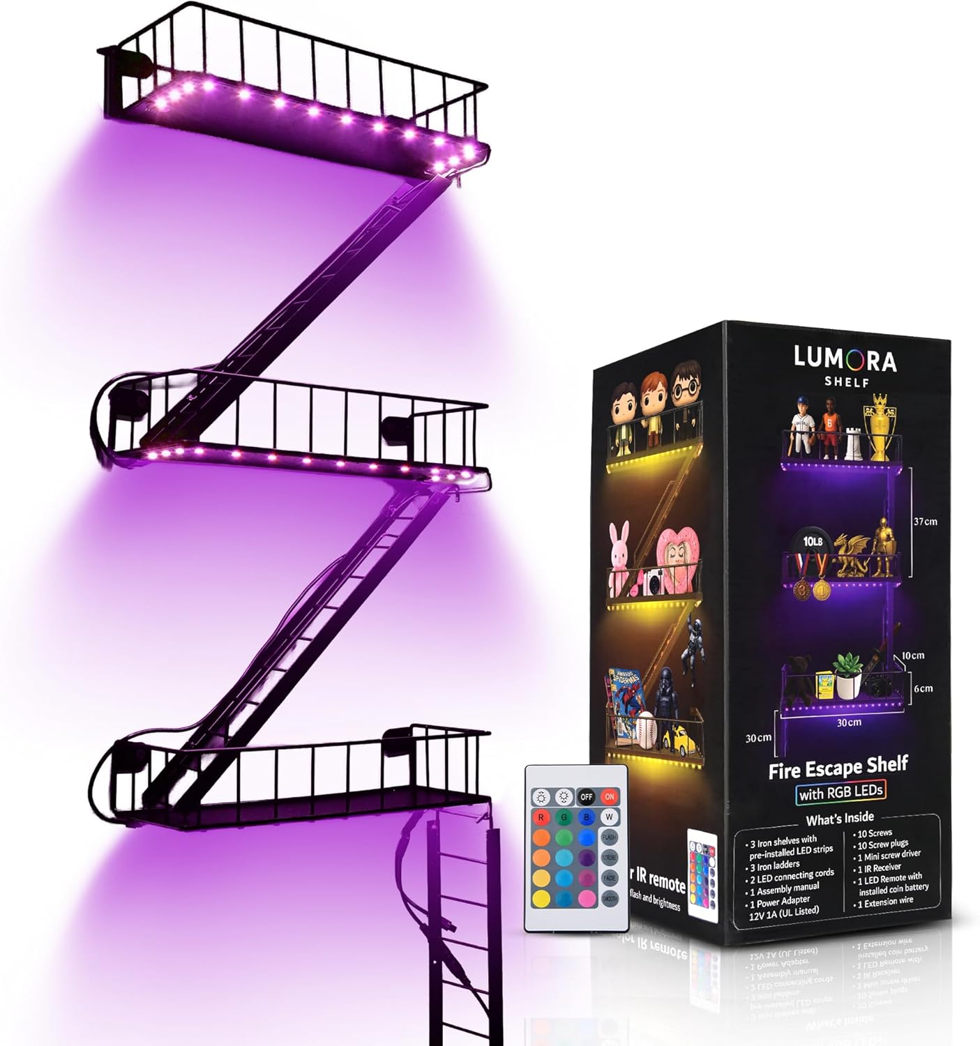 Fire Escape Shelf with Built-in LED Lights and 16 Color Remote, 3 Tier Wall Mounted Floating Shelves, Figurine Display Wall Shelf for Trinkets, Action Figures, Collectibles, Gaming, Black Iron Metal