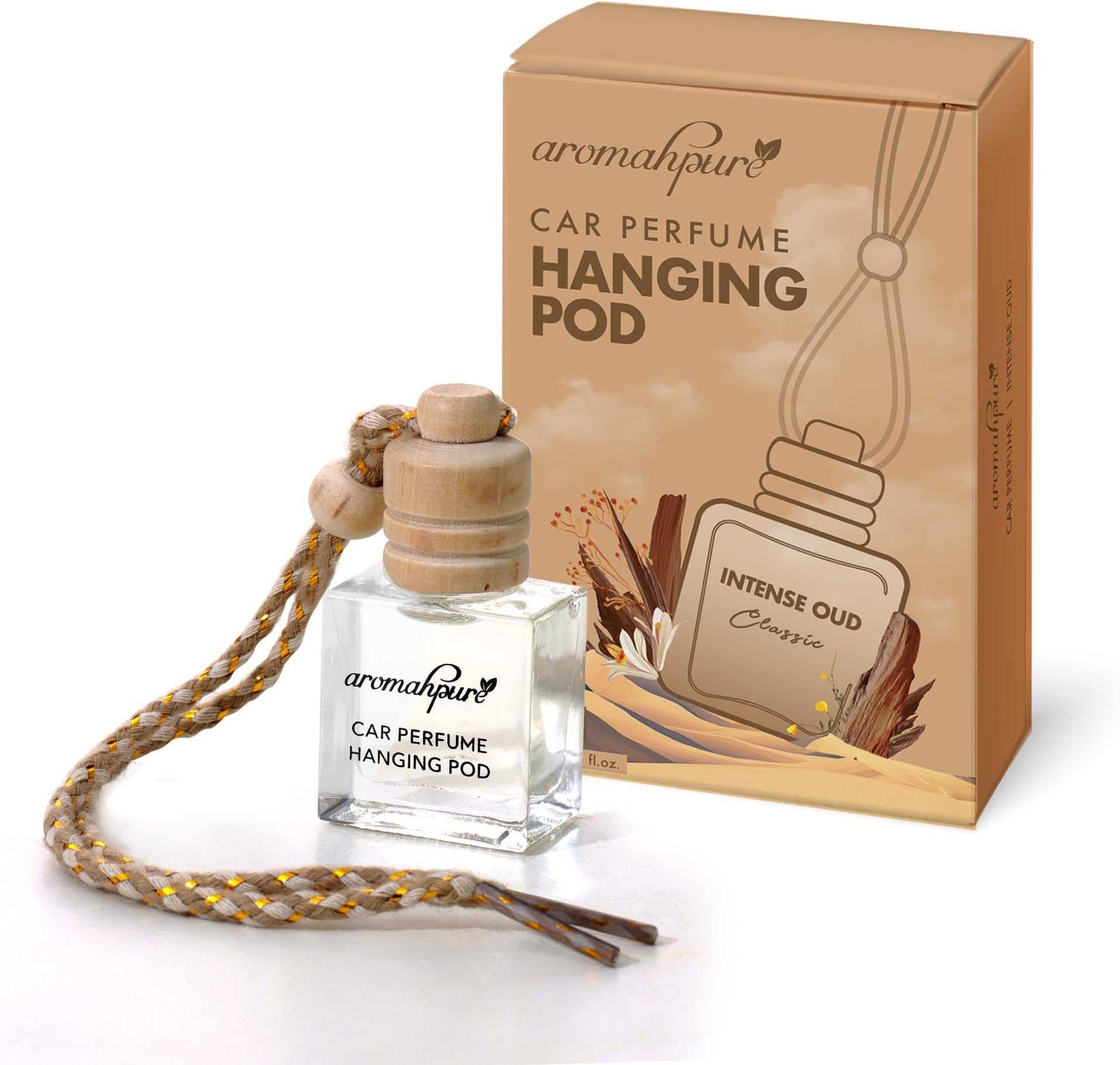 Aromahpure Premium Car Perfume Hanging Pod |10 ML |Royal Oudh Fragrance Car Air Freshener |Natural Essential Fragrance Oils in Glass Bottle with Wooden Diffuser Lid |Long Lasting upto 30 days