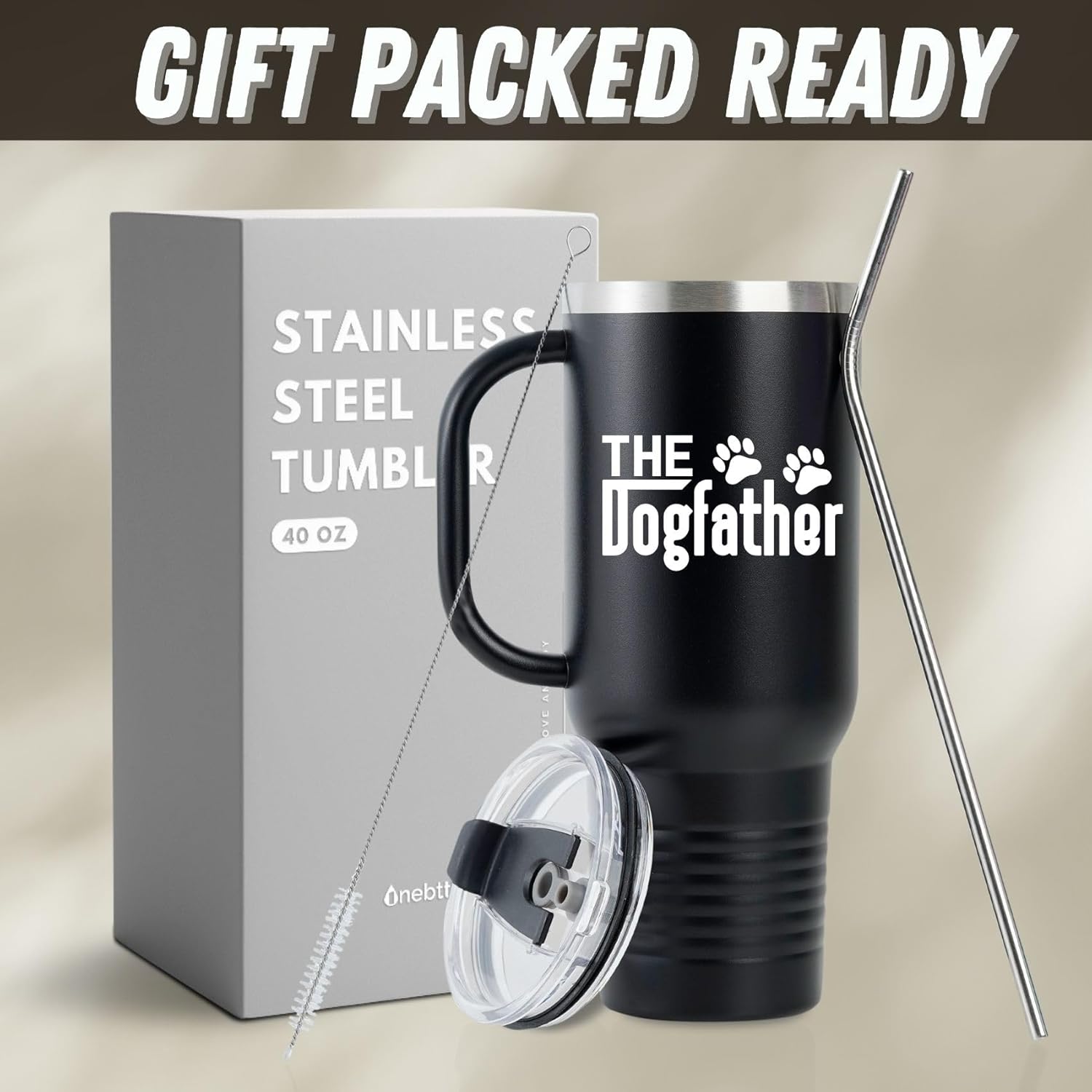 Onebttl Dog Dad Gifts for Men, The Dogfather, 40oz Stainless Steel Travel Mug Tumbler with Handle, Lid and Straw for Dog Dad, Dog Lover, Owner, Black - Image 7