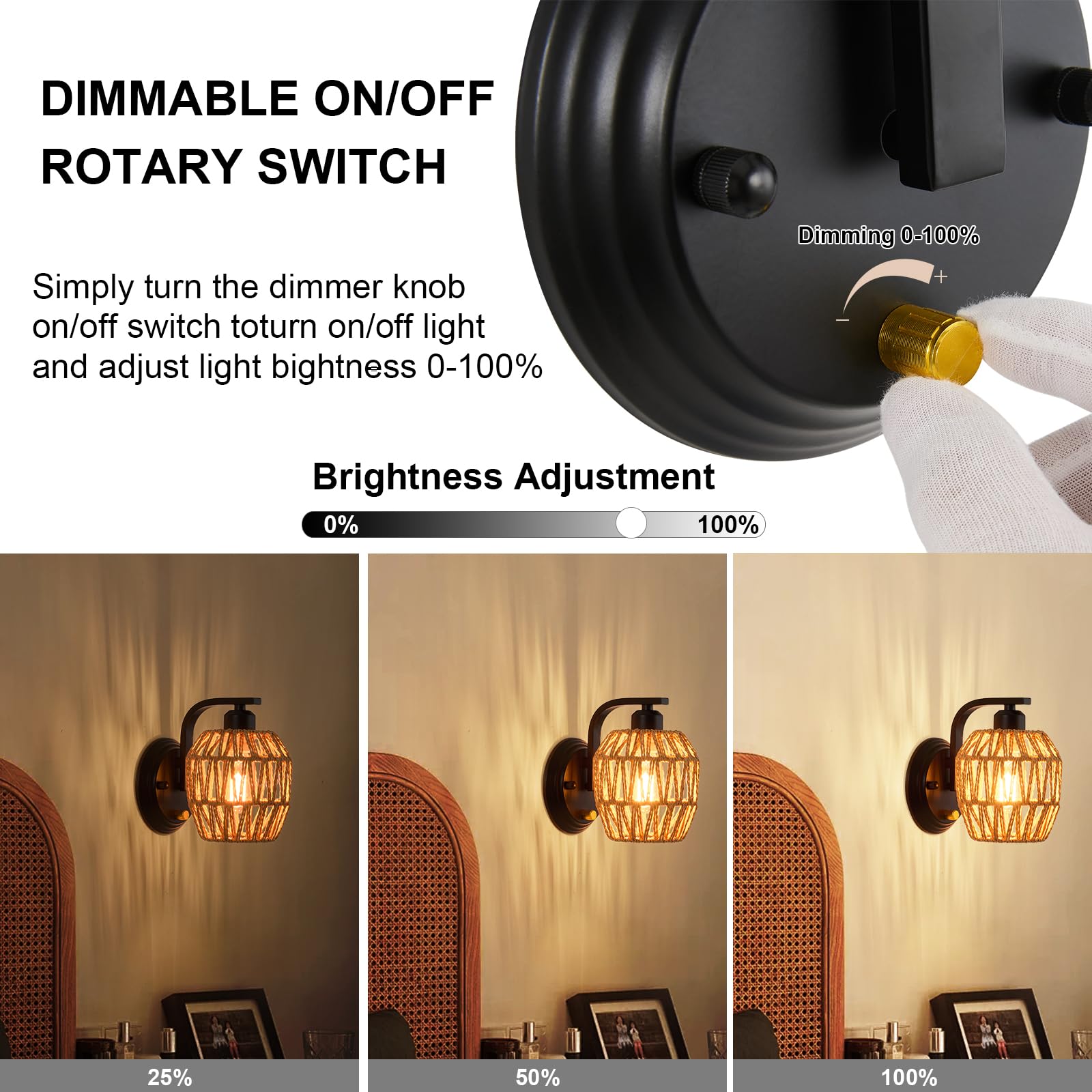 Zswanbei Boho Rattan Wall Sconces Set of Two On/Off Dimmable Switch Bedside Wall Lamp Hardwired Hand-Woven Farmhouse Wall Sconce Indoor Wall Lights for Bedroom Bathroom Living Room, E26