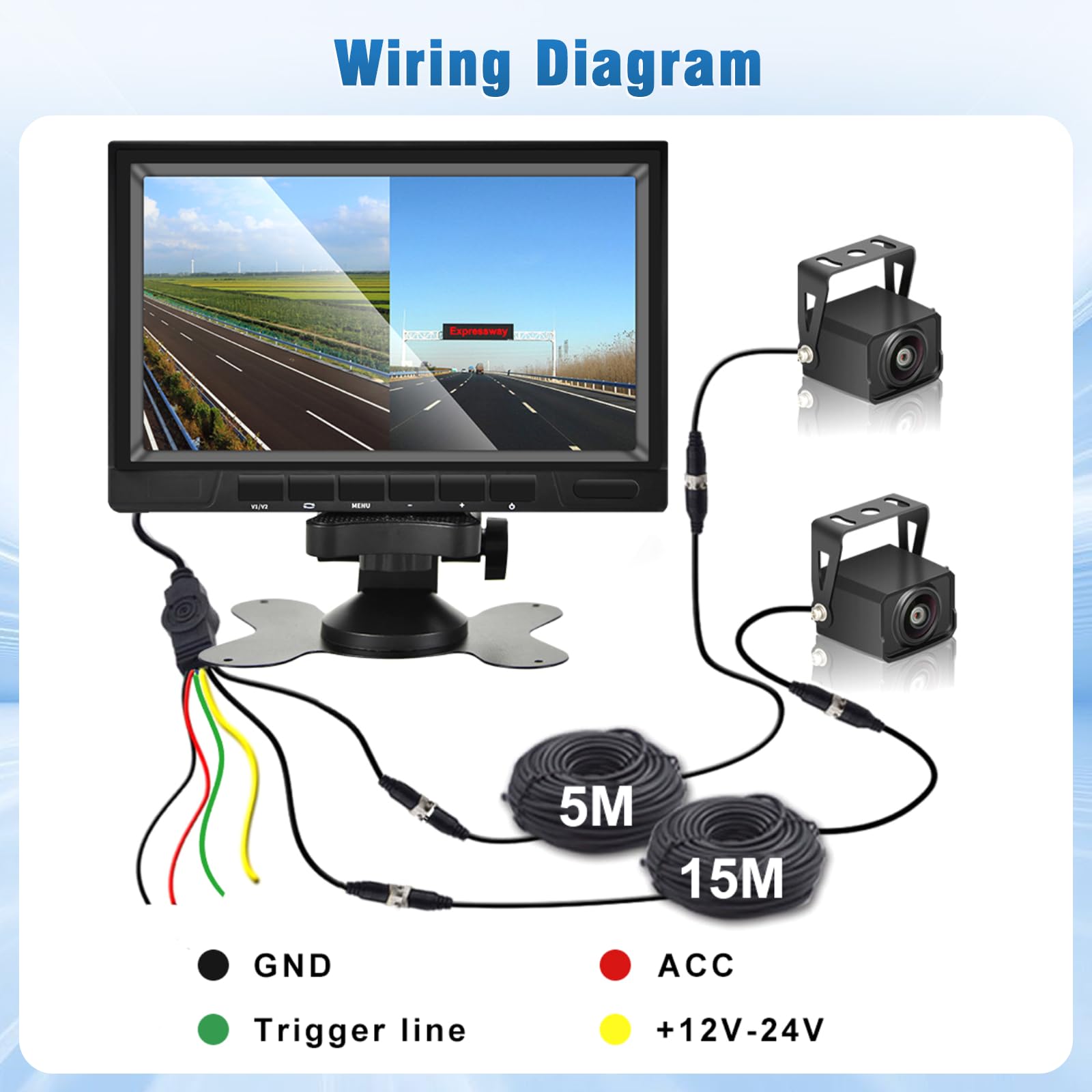 Sistema di telecamere di retromarcia con doppia telecamera, monitor da 7" a 2 schermi divisi, impermeabile, visione notturna HD, telecamere di retromarcia per camion/autocaravan/rimorchi/auto, 12V-36V