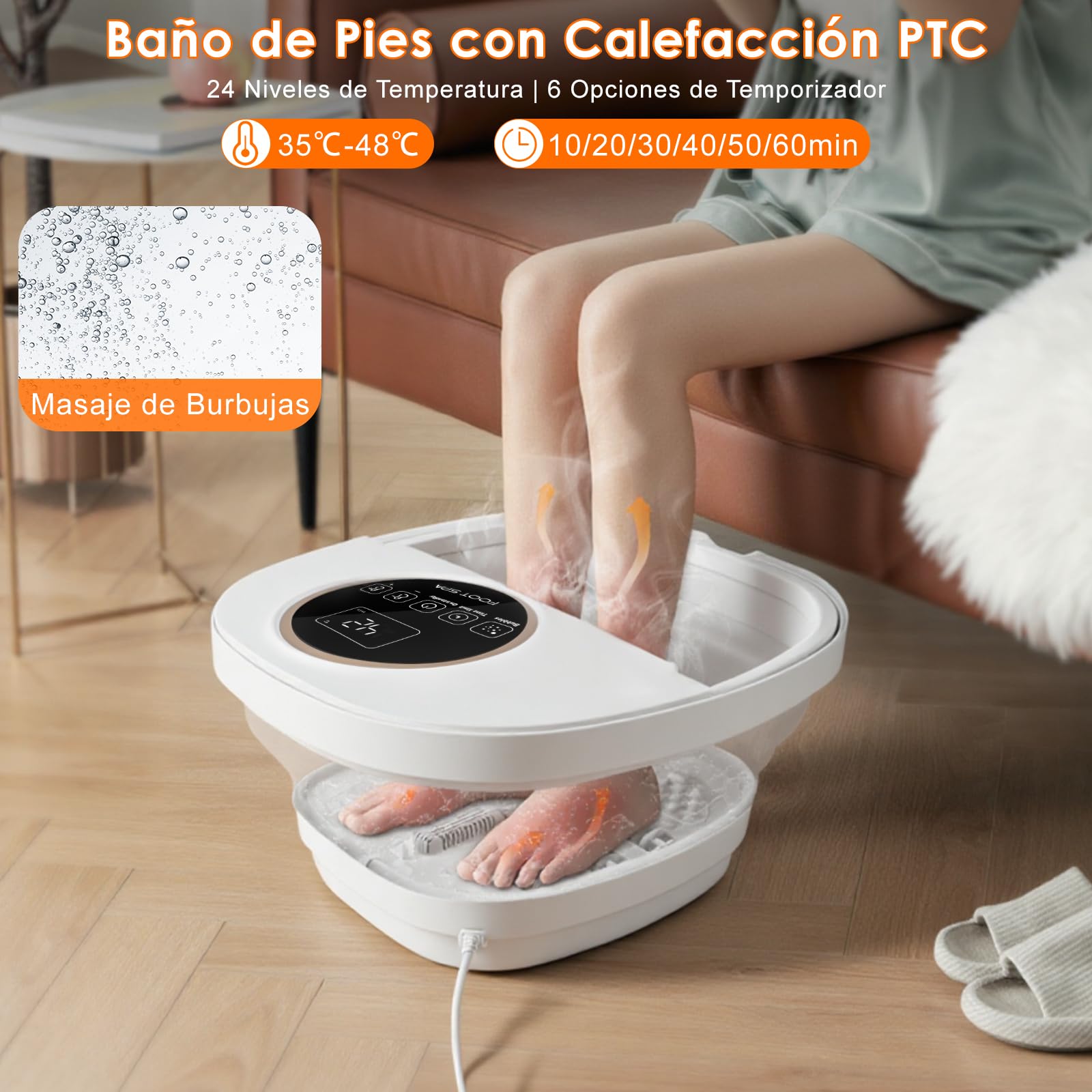 Masajeador de Pies con Agua Plegable,Masajeador de Pies con Calefacción, ControlRemoto, Burbujas, Piedra Pómez, 24 Temperatura，6 Temporizador, 6 Rodillos, Luz Roja