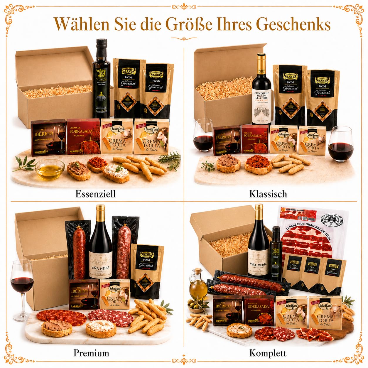 Geschenkkorb gefüllt für Frauen mit spanischem Olivenöl 250 ml, Iberische Pastete, Sobrasada, Käse-Aufstriche & Picos – Geschenkidee Muttertag, Geburtstag, Dankeschön (7 Stück)