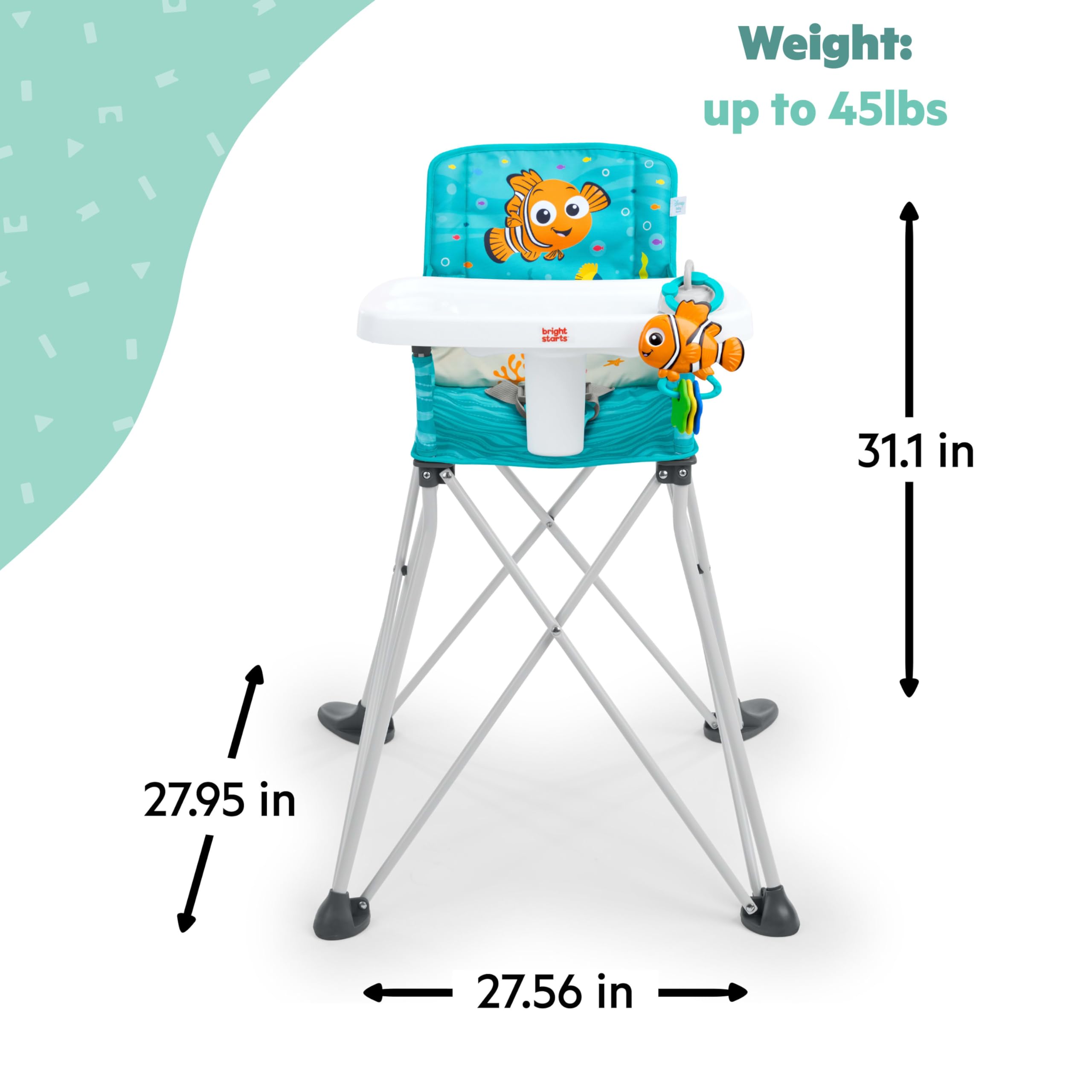 Bright Starts, Przenośne wysokie krzesło Pop 'n Dine Disney Baby Findet Nemo, z zabawką z przyssawką, kompaktowe, składane, zajmuje mało miejsca, do wewnątrz i na zewnątrz, od 6 miesięcy