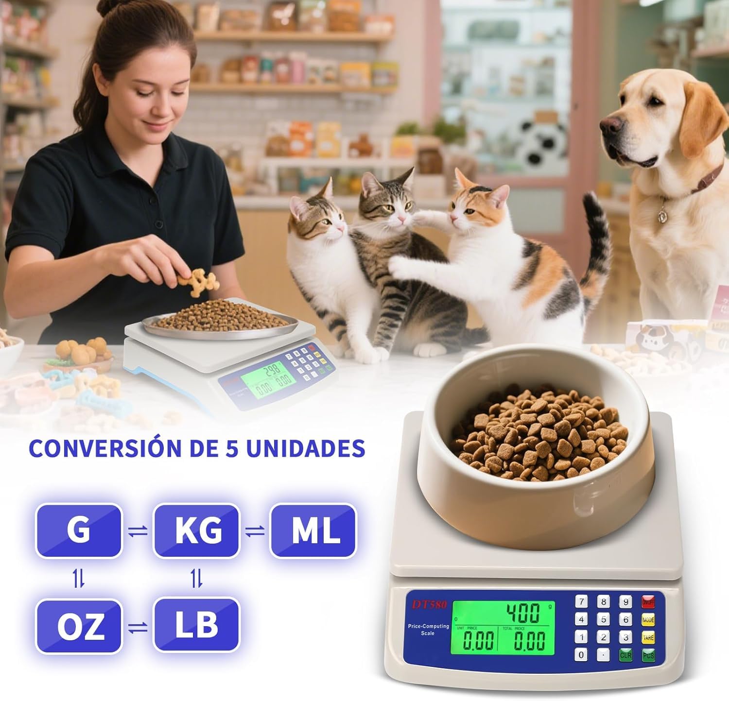 Bascula balanza Comercial para Pesar Fruta, verdura Peso 30kg Suma 2 en 1 bateria y corriente 220V inalambrica pantalla delantera LCD con PCS 5 Unidades G KG OZ LB ML Función Tara