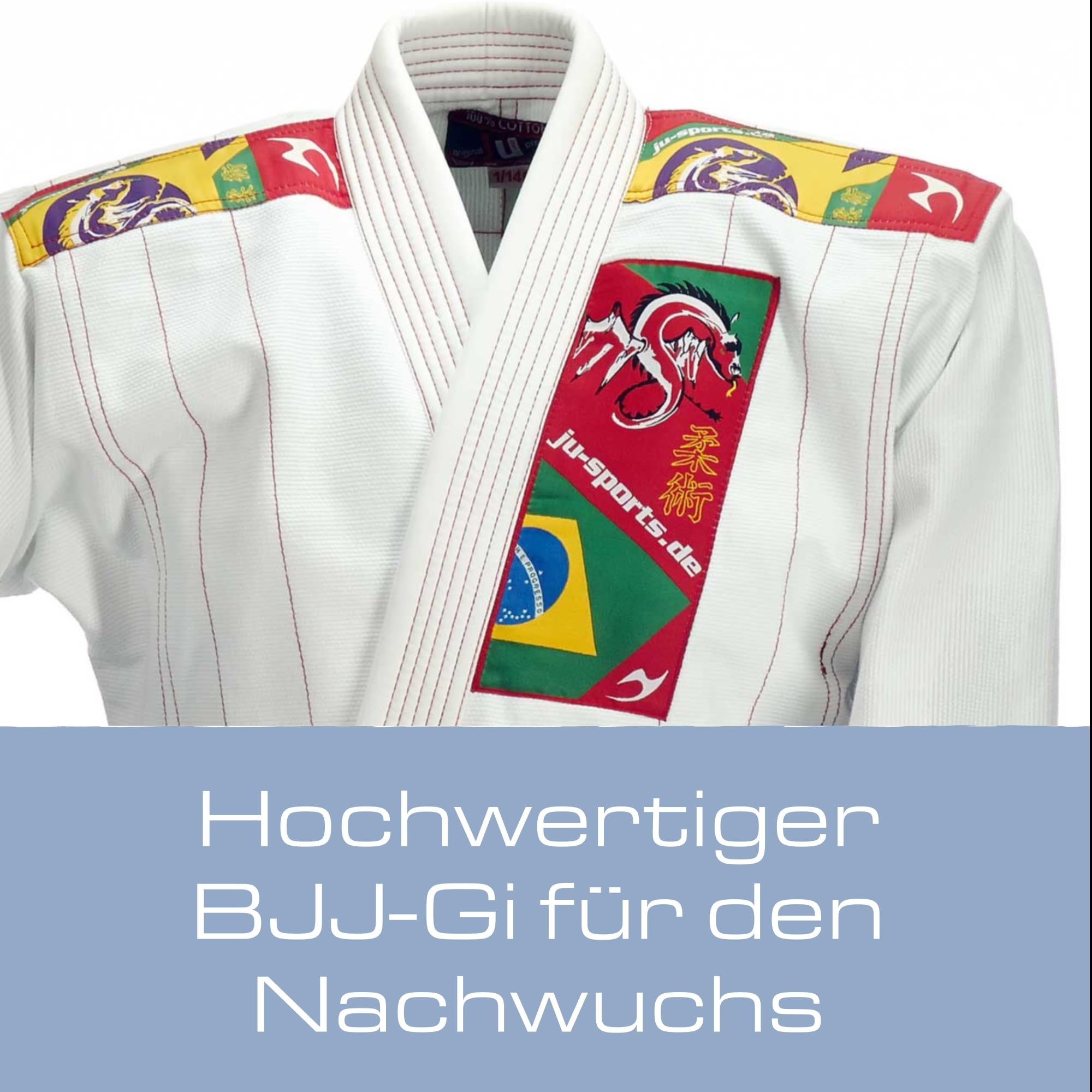 Ju-Sports BJJ Gi Kids Weiß I Leichter, schlanker Brazilian Jiu Jitsu Anzug speziell für Kinder, BJJ Gi im bunten Design inkl. weißem Gurt, 100% Baumwolle