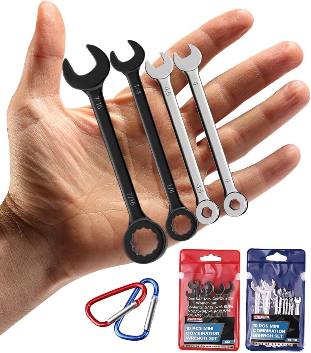 VICRING Small Wrench Set 20 Pcs Mini Wrench Set Metric SAE Ignition Wrench Set Open and Box End Wrench Set Combination Wrench Sets with Storage Pouches and Key Chains, 4mm-11mm & 5/32"-7/16" (Multi)
