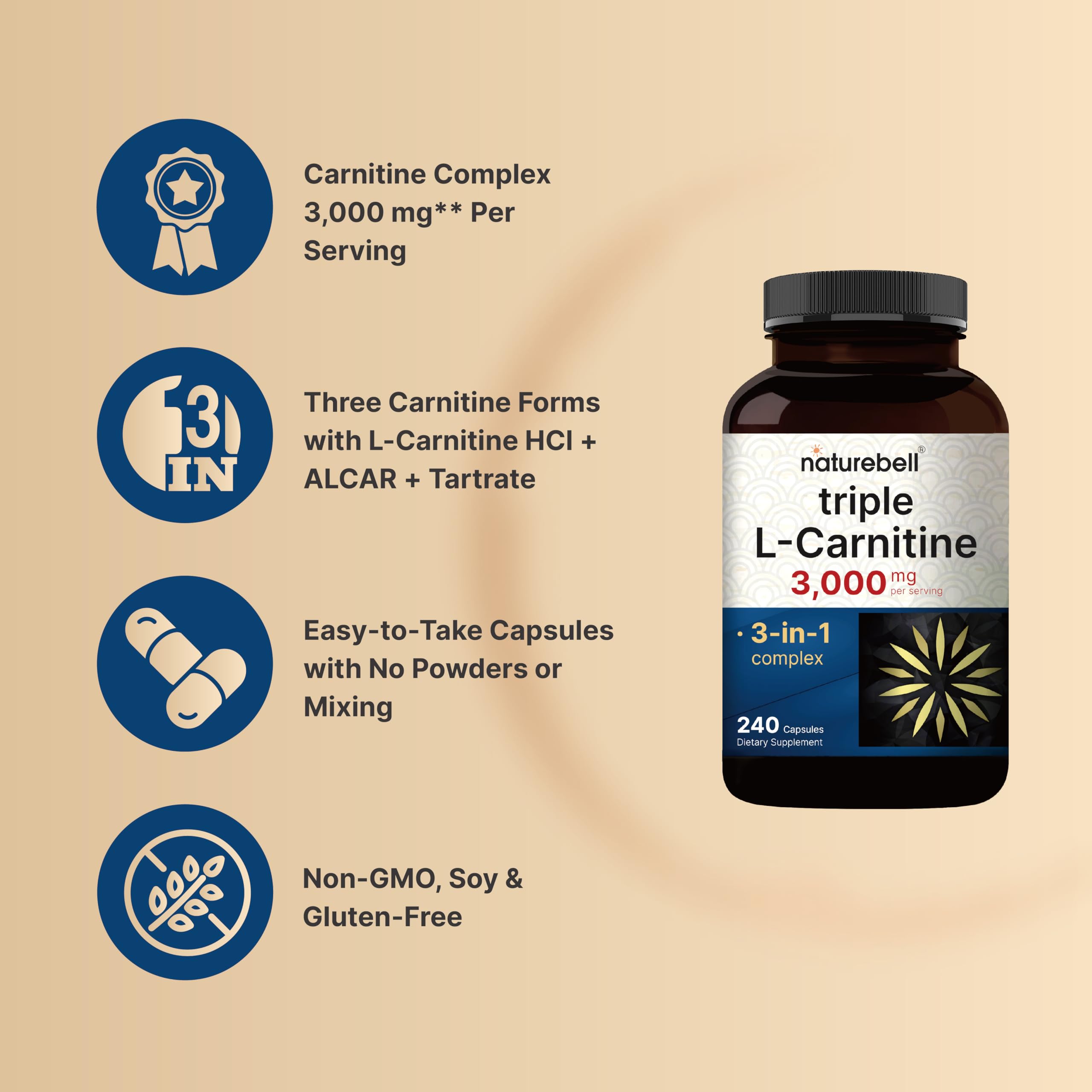 NatureBell Triple L-Carnitine 3,000 mg** Per Serving, 240 Capsules | 3-in-1 Carnitine Complex with L-Carnitine HCl, ALCAR & Tartrate | Non-GMO — Amazon image 3