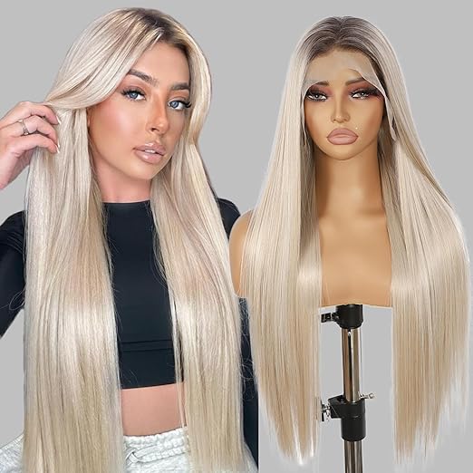 Sapphirewigs 13×6 Straight Lace Front Wigs Blonde Long Straight Wig For Women Highlights Lace Front Wig Synthetic Wig 150 Density Party Daily Wear Heat Resistant 26inch