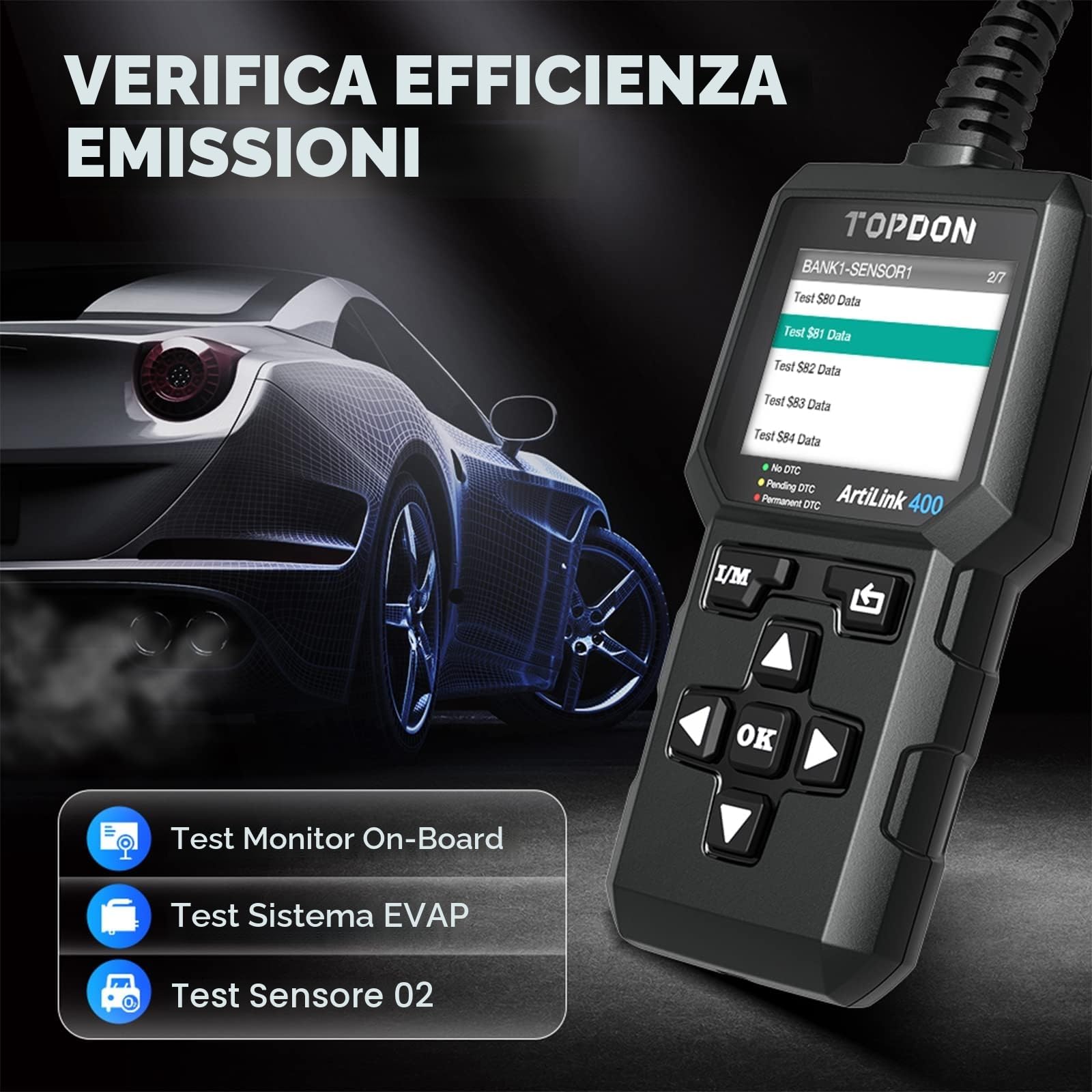 TOPDON Lettore di codici OBD2 AL400, 10 funzioni OBD2, spia del motore del controllo, test delle emissioni, test del sensore O2, EVAP, aggiornamento gratuito a vita