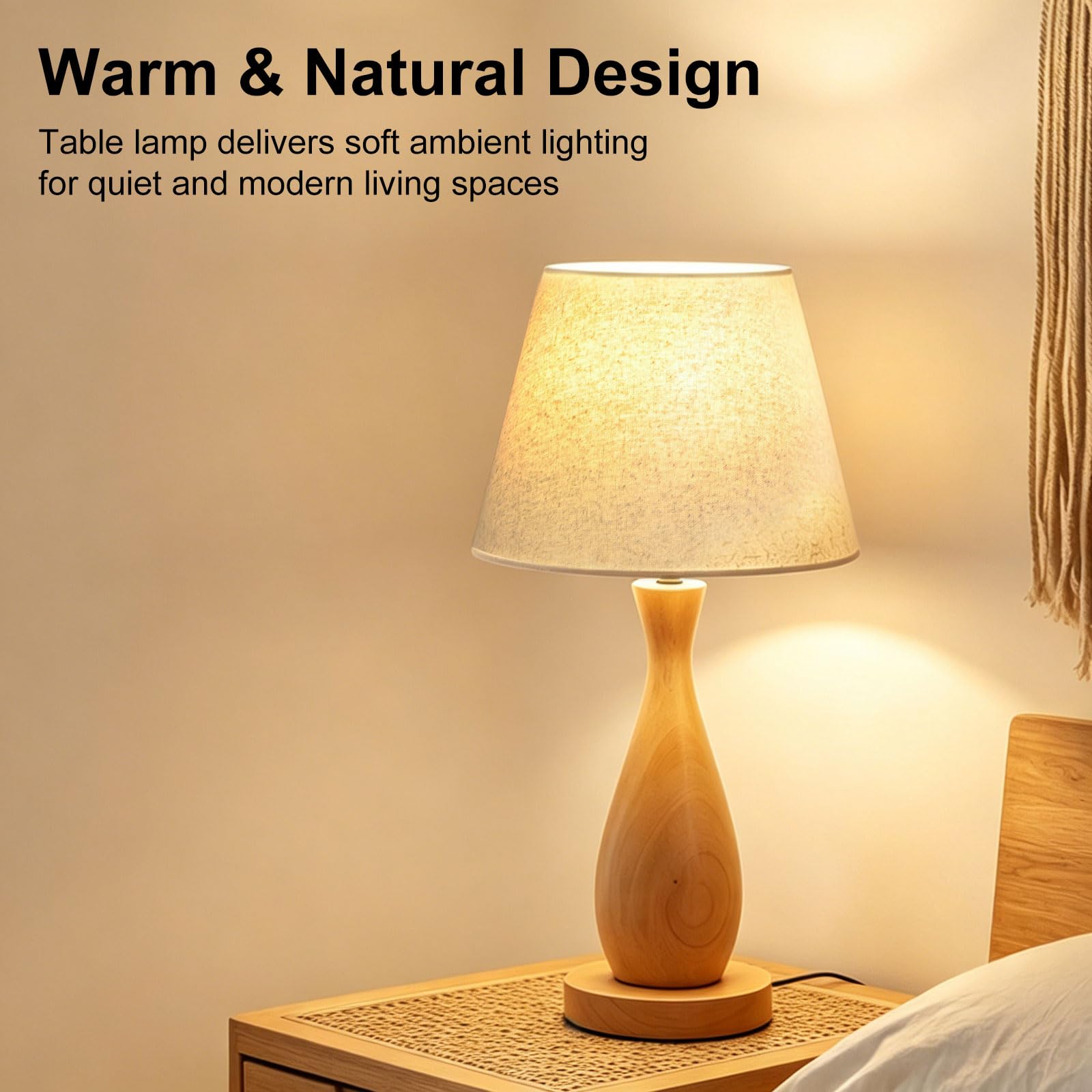 4776313 Tischlampe mit Leinen-Lampenschirm, moderne Nachttischlampe | E27, Holzfuß Tischleuchte für Schlafzimmer, Wohnzimmer, Arbeitszimmer und Flur, Leuchtmittel nicht enthalten