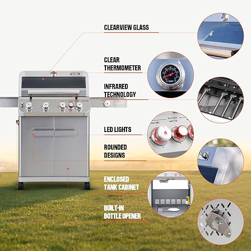 Miniatura 5 de Monument Grills Mesa415BZ - Parrilla de gas propano de acero inoxidable de 4 quemadores, 62,000 BTU para patio, jardín, parrilla con quemador