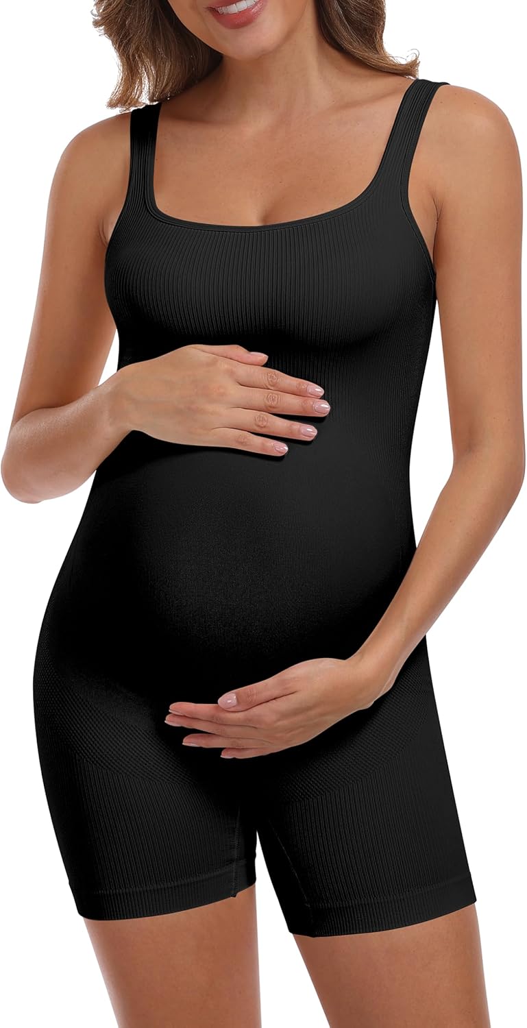 OLCHEE Womens Maternity Workout Romper Seamless Ribbed Square Neck Pregnancy Jumpsuit Summer Sleeveless Yoga Bodysuit Shorts - Image 5