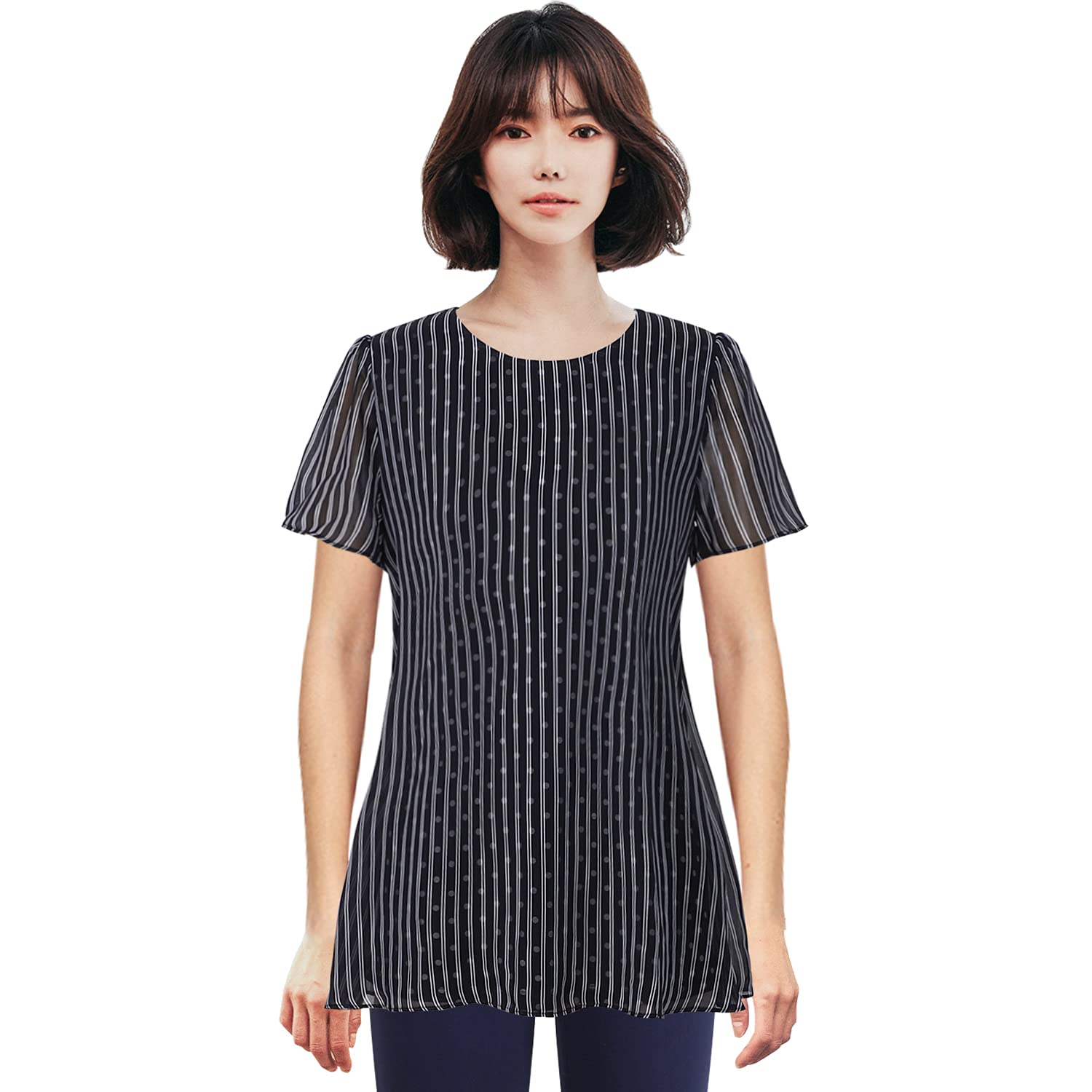 LENUEWomen's Round Neck Short Sleeve Chiffon layered Dots & Stripes Print Tunic Blouse - Perfect for Birthday Gifts