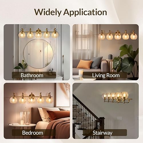 Miniatura 9 de ANDY STAR Lámparas de baño de oro cepillado, 5 luces de tocador para espejo, apliques de pared modernos de 35 pulgadas con globo transparente de
