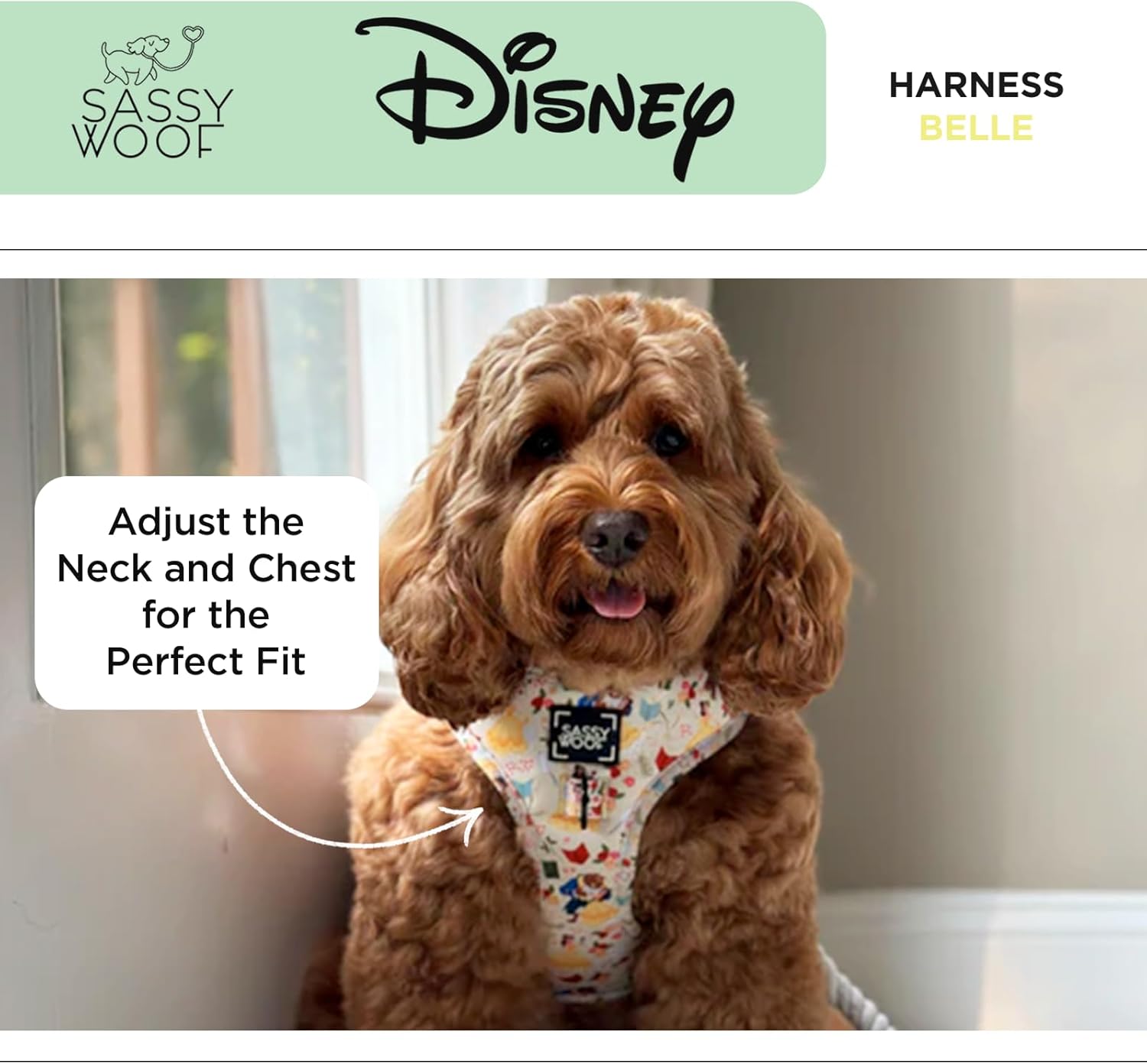 Dog Adjustable Harness - Disney Princess Beauty and The Beast Belle - S, Breathable Mesh, No Pull Design with Two D-Rings, Perfect for Medium Dogs - Officially Licensed