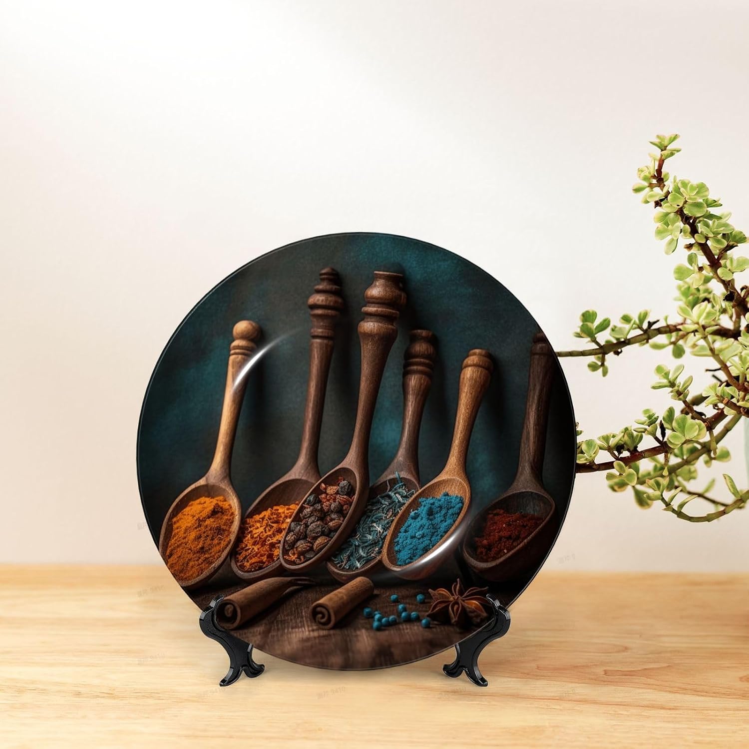 Spices on Wooden Spoon Bone China Decorative Plate, Chinese Style Decorative Dish with Display Stand, Ceramic Ornament Art Crafts Porcelain Plate for Living Room Hallway Table Decor