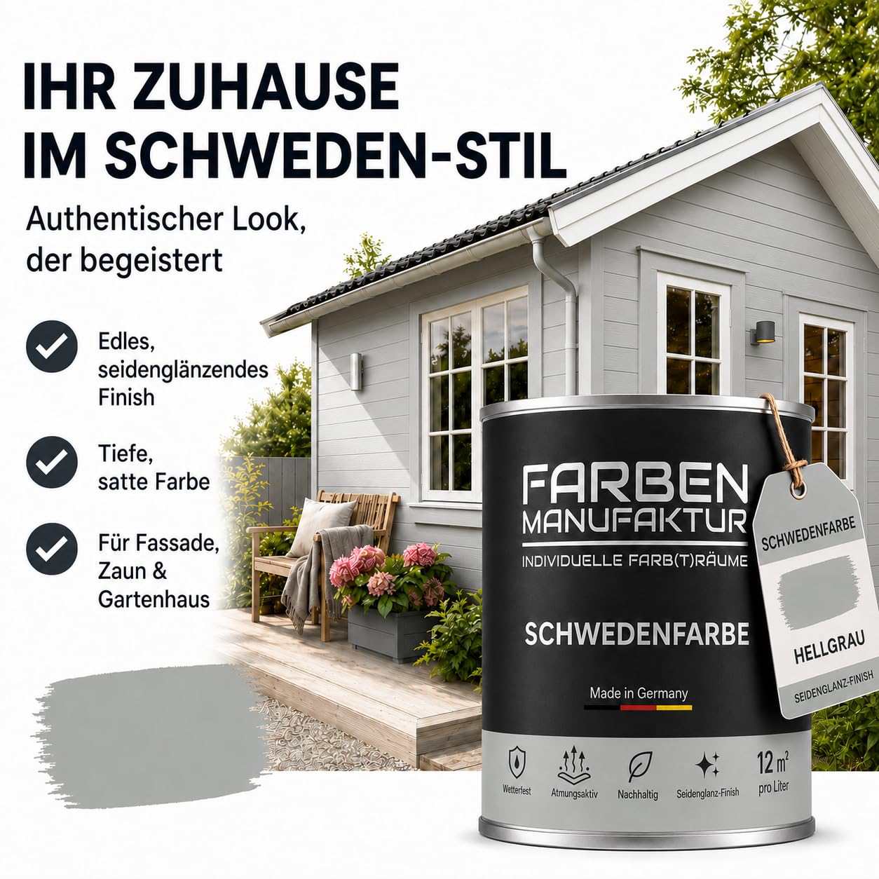Schwedenfarbe Holzfarbe Außen Wetterfest – Holzschutzfarbe für Fassade, Gartenhaus, Zaun & Scheune – Diffusionsoffen & Nachhaltig Wetterschutzfarbe 1/2/5L, Größe: 5L, Farbe: Schweden hellgrau