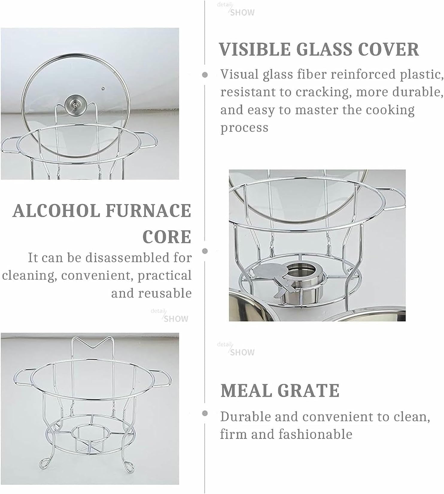Set di piatti da buffet rotondi in acciaio inox con coperchio in vetro, da 3,5 l a 8 l, include piattaforma e scaldavivande per cene, ideale per feste e catering