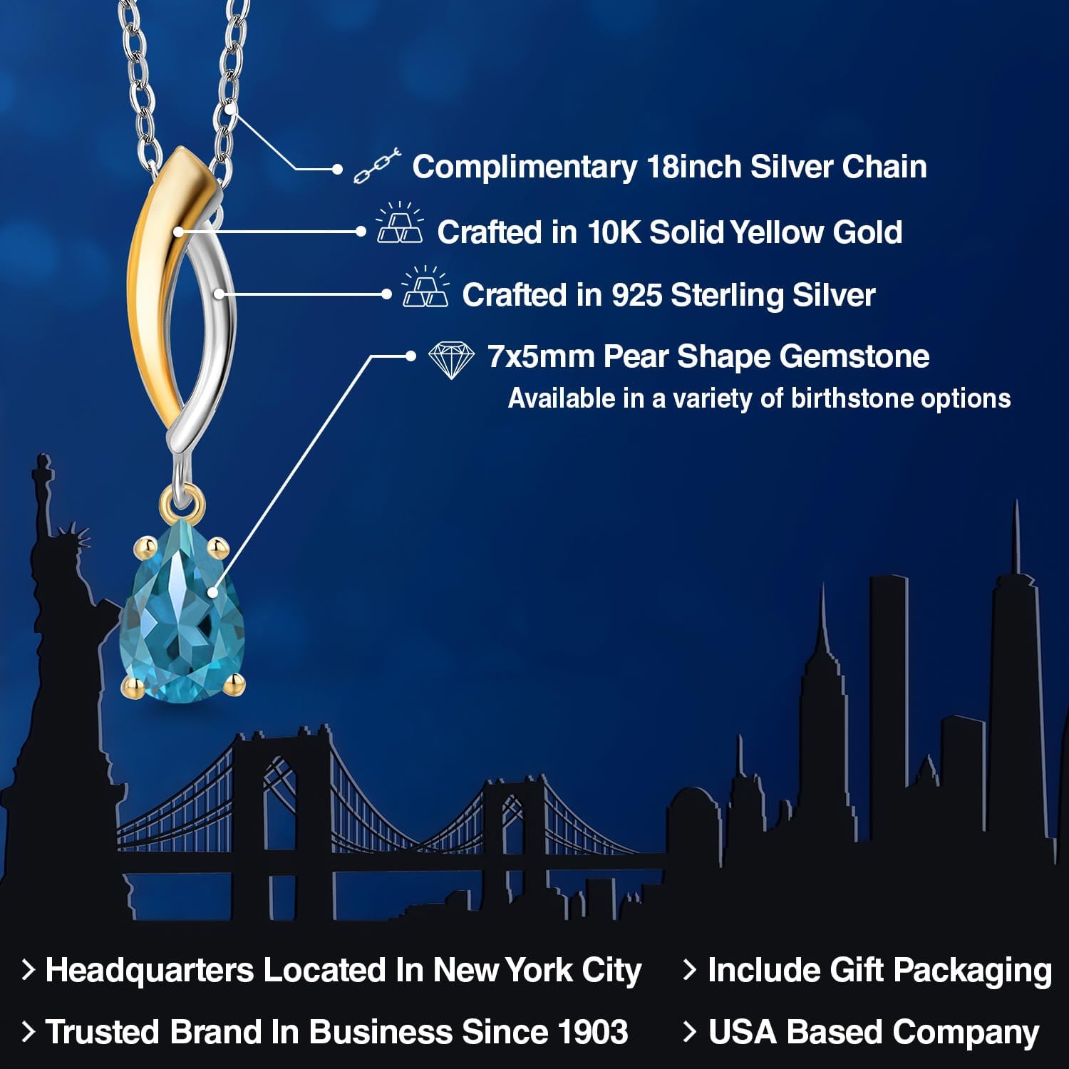 Gem Stone King 925 Silver and 10K Yellow Gold London Blue Topaz Pendant Necklace for Women | 0.77 Cttw | Gemstone November Birthstone | Pear Shape 7X5MM | With 18 Inch Silver Chain - Image 2