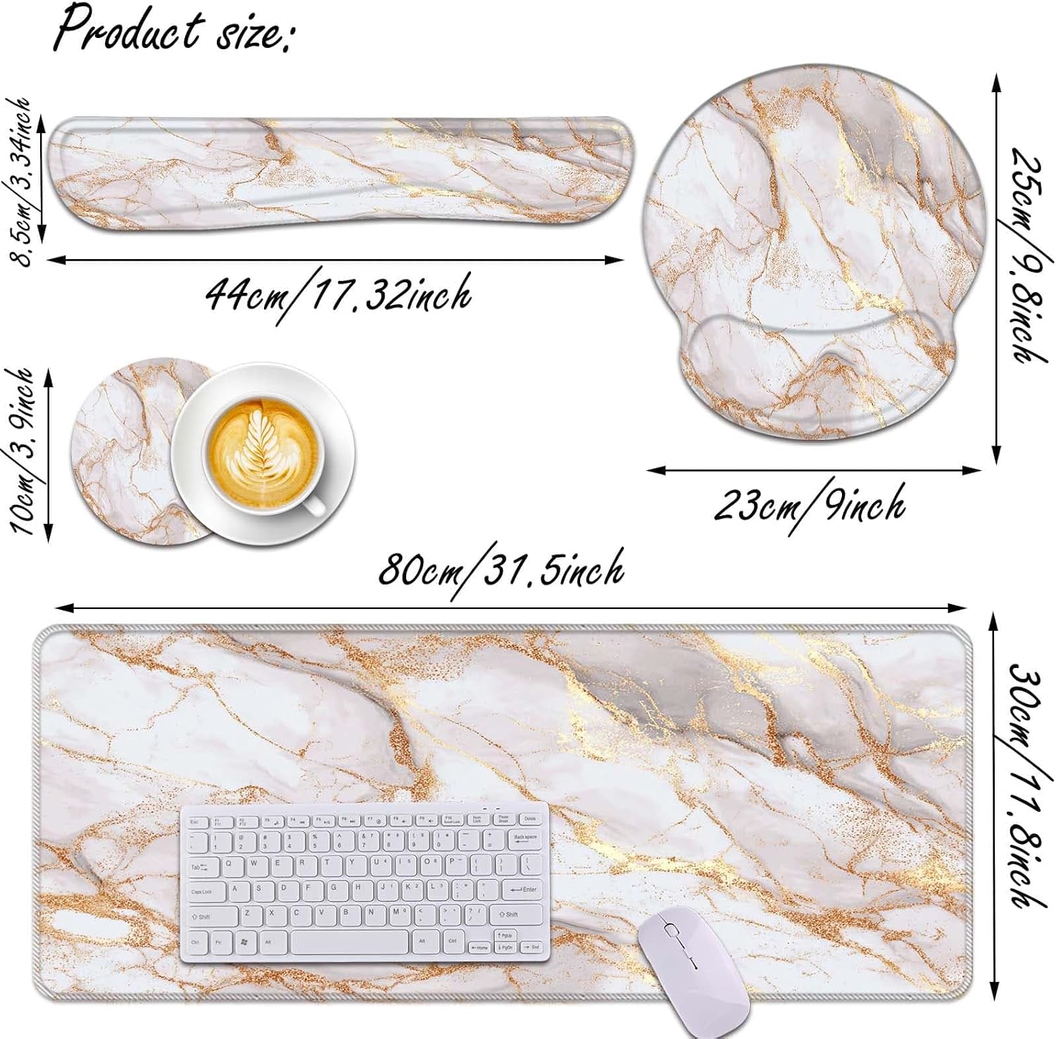 Keyboard Wrist Rest and Mouse Pad Wrist Support Set,Ergonomic Memory Foam Wrist Pad & Non Slip Base for Home Office Working Studying Easy Typing,Pain Relief,Rose Gold Marble