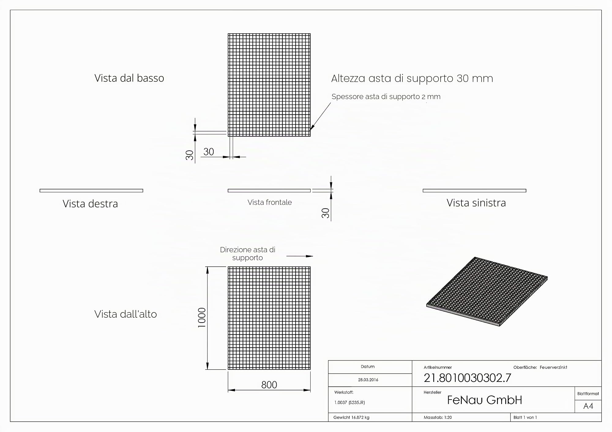 Fenau | Griglie industriali Dimensioni: 800 x 1000 x 30 mm (MW: 30/30 mm) - Spessore materiale: 2 mm - Carico ruota: 2,26 kN/Carico superficiale (m²): 16,20 kN