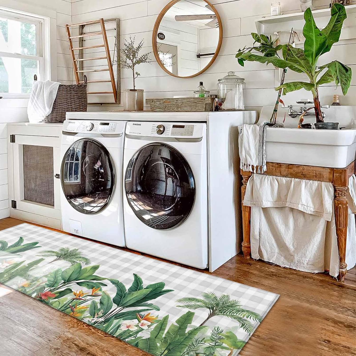 Teamery Kitchen Mats for Floor Summer Tropical Garden Washable Non Slip Kitchen Rugs 2PCS, Green Botanical Gray White Plaid Absorbent Standing Mats for Sink Office Living Room 15.7x23.6in+15.7x47.2in