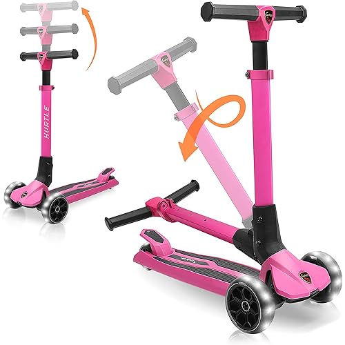 Hurtle 3 Wheeled Scooter for Kids - Foldable Stand Child Toddlers Toy Kick Scooters w/ Built-in LED Wheel Lights, Anti-Slip Wide Deck, Adjustable Height, Great for Outdoor Fun