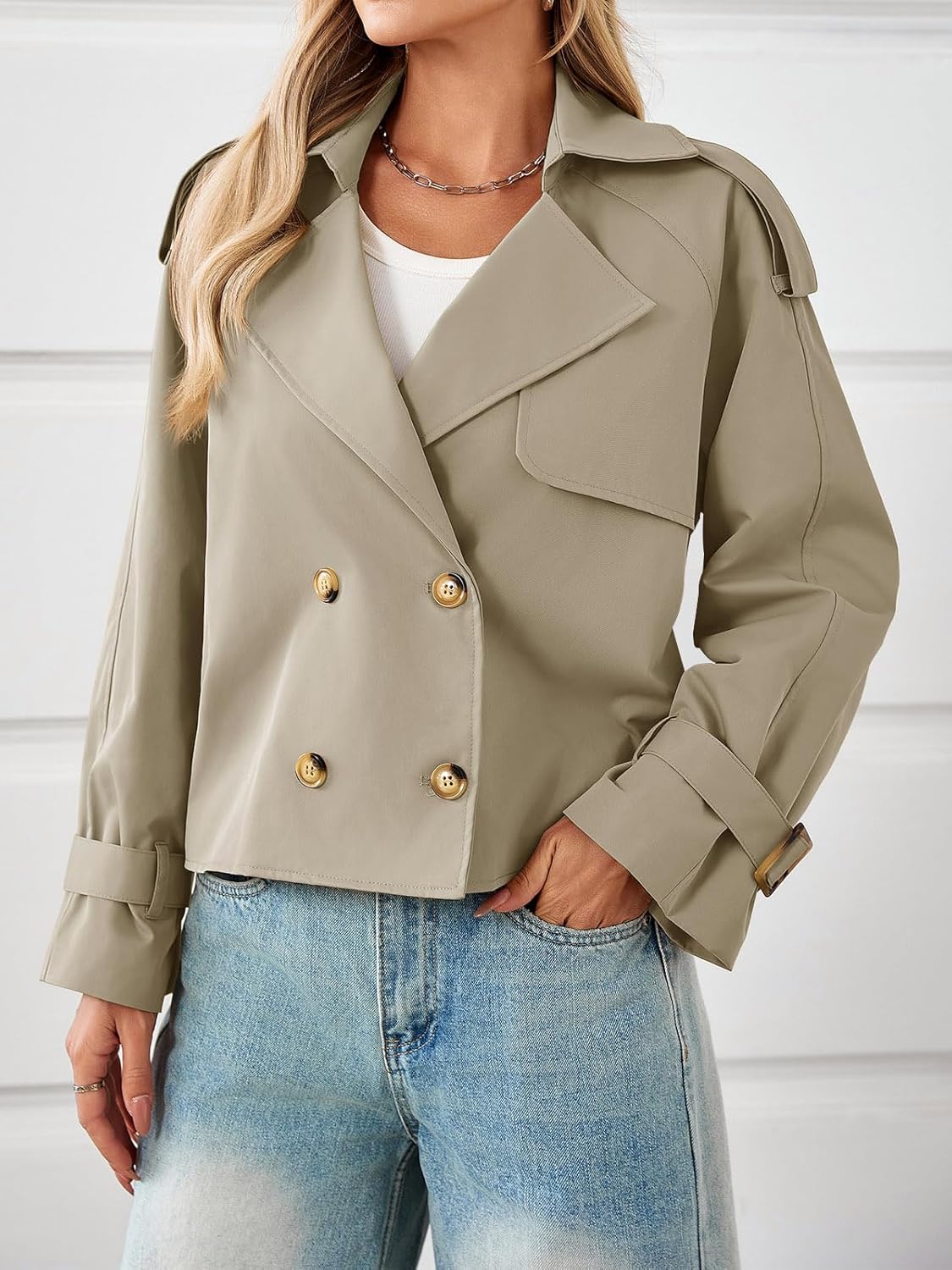Tankaneo Womens Cropped Trench Coat Oversized Double Breasted Lapel Long Sleeve Short Jacket Fashion Outerwear - Image 4