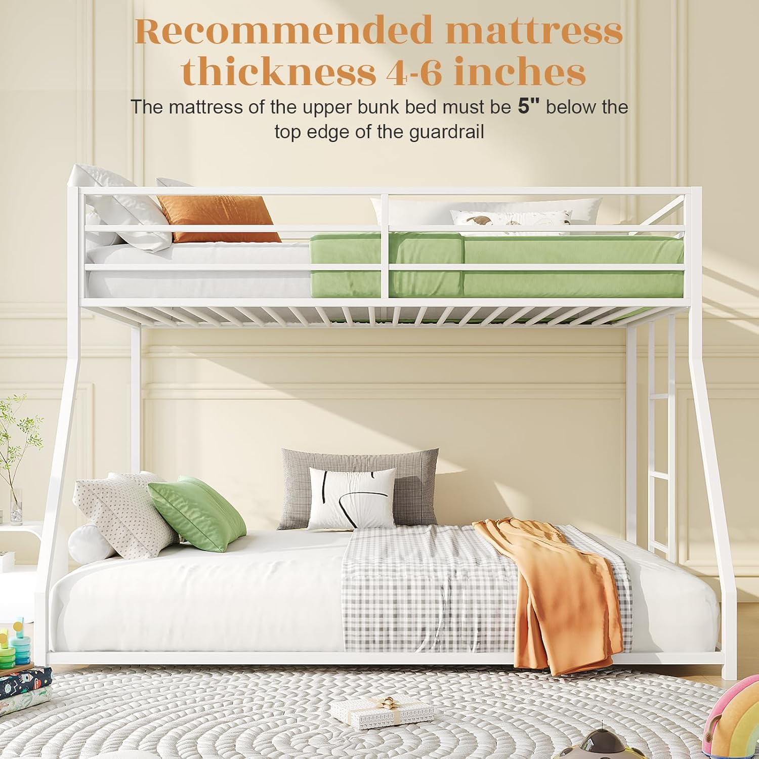 Twin Over Full Low Bunk Bed Frame for Kids Teens Adults, Metal Heavy Duty Sturdy Bunk Bed with Guardrail & Convertible Ladder for Dorm Apartment Small Bedroom, No Box Spring Needed, White