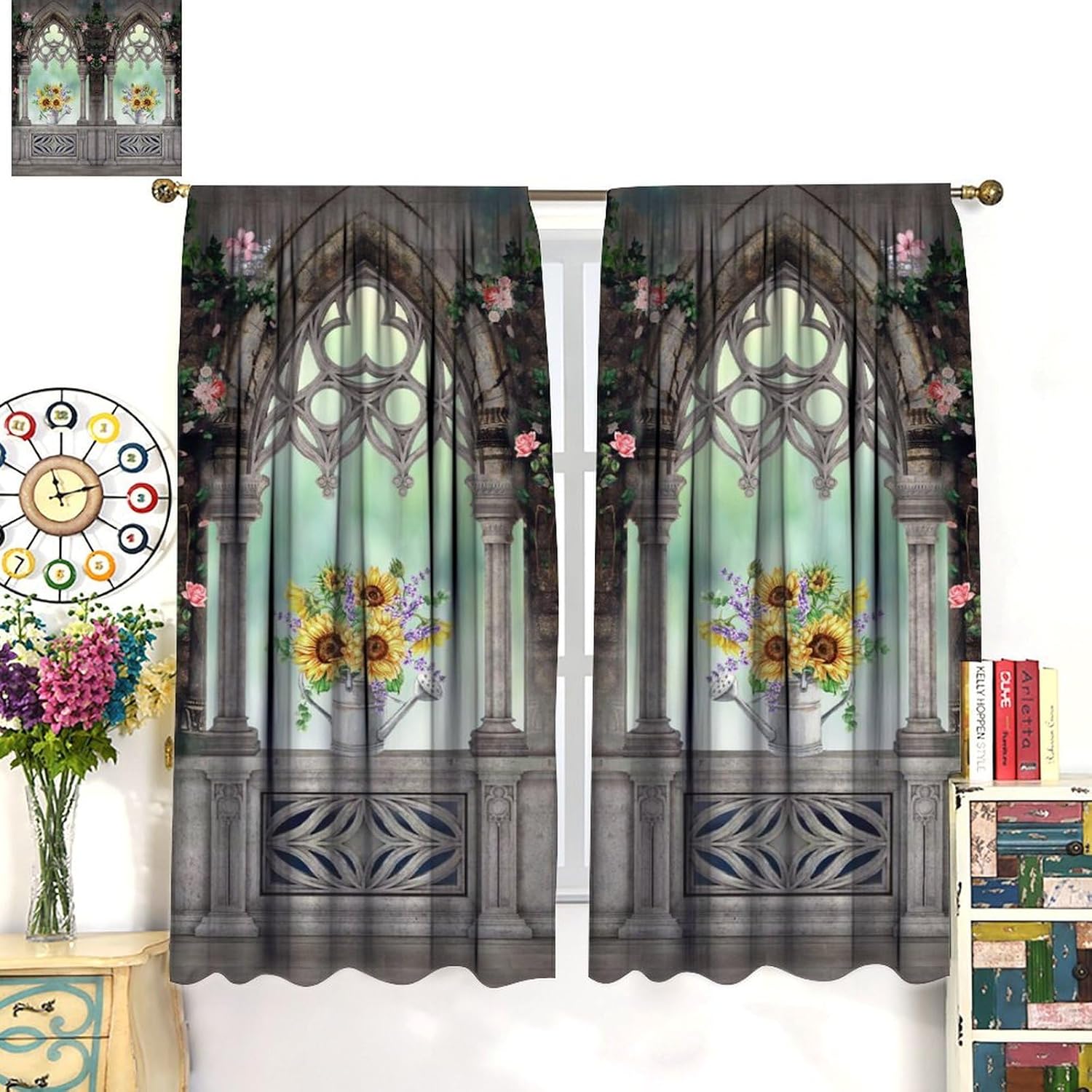 Brebasf Vintage Castle Arch Rod Pocket Blackout Curtains for Living Room, Thermal Insulated Rustic Mid Century Garden Floral Sunflower Rose Print Window Treatment, 2 Panels 45" L x 21" W