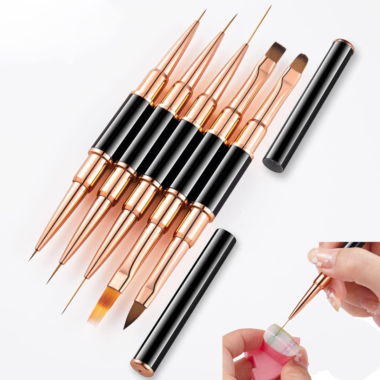 Nail Art Brush Set Professional- 5pcs Double-Ended Nail Art Brushes for Long Lines, Thin Liner brush for Nails Detail, Nail Design Brush Ombre Brush 3D Brush Kits for Gel Polish Acrylic Nail Drawing
