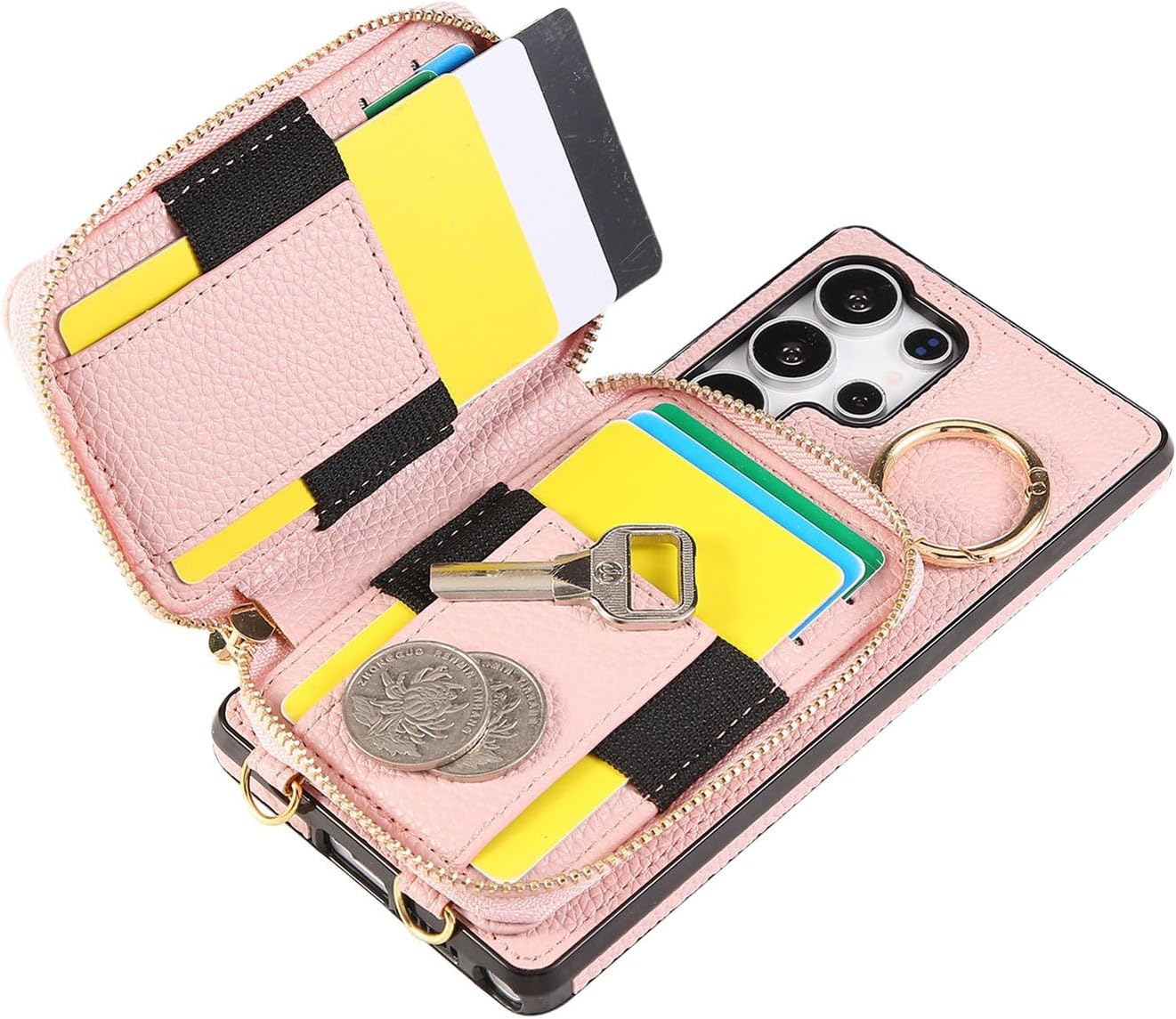 Crossbody Wallet Case for Galaxy S26 Ultra, Zipper PU Leather Phone Cover with Card Holder Kickstand and Detachable Strap - Pink