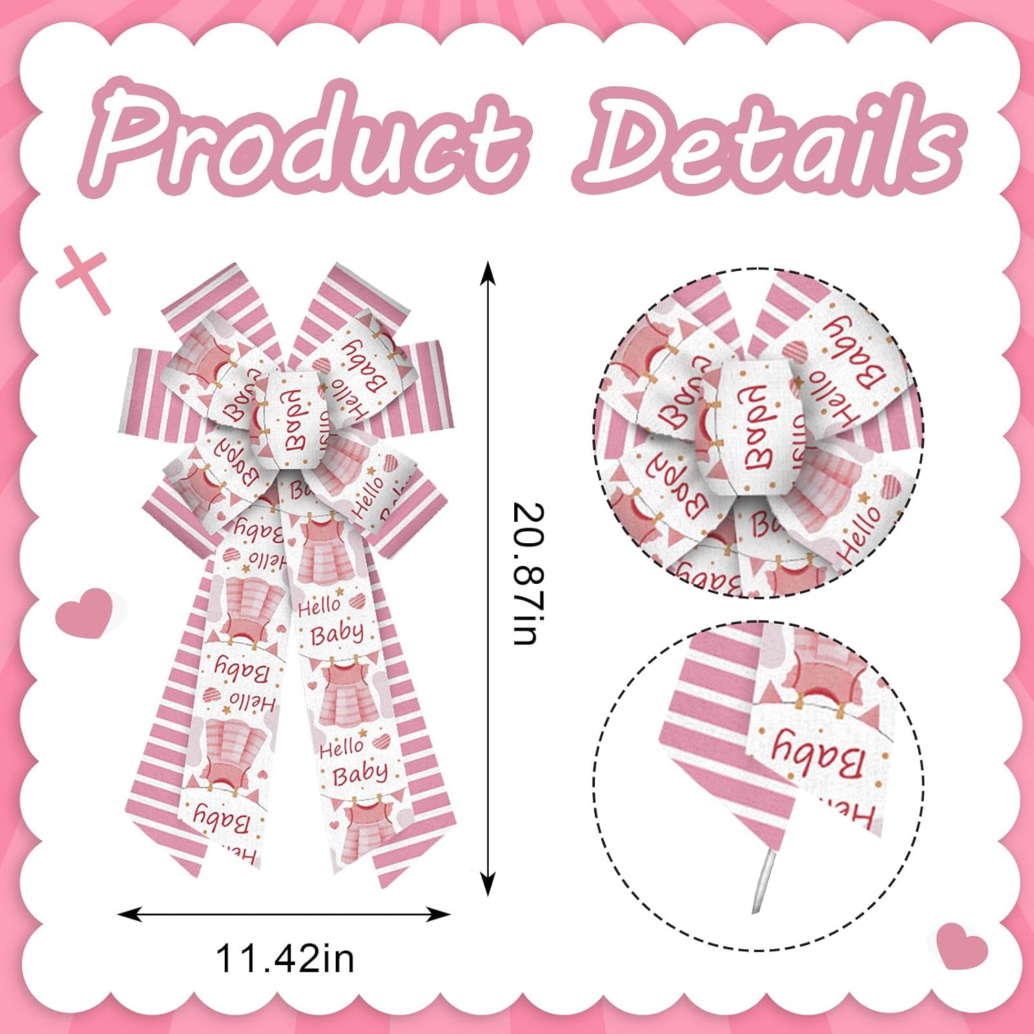 Threetols Baby Shower Wreath Bows, Pink White Stripe Bows for Wreath Baby Pink Decorative Bows for Front Welcome Home Shower Ornaments Hanging Wreath Bow for Indoor Outdoor Decor image 2