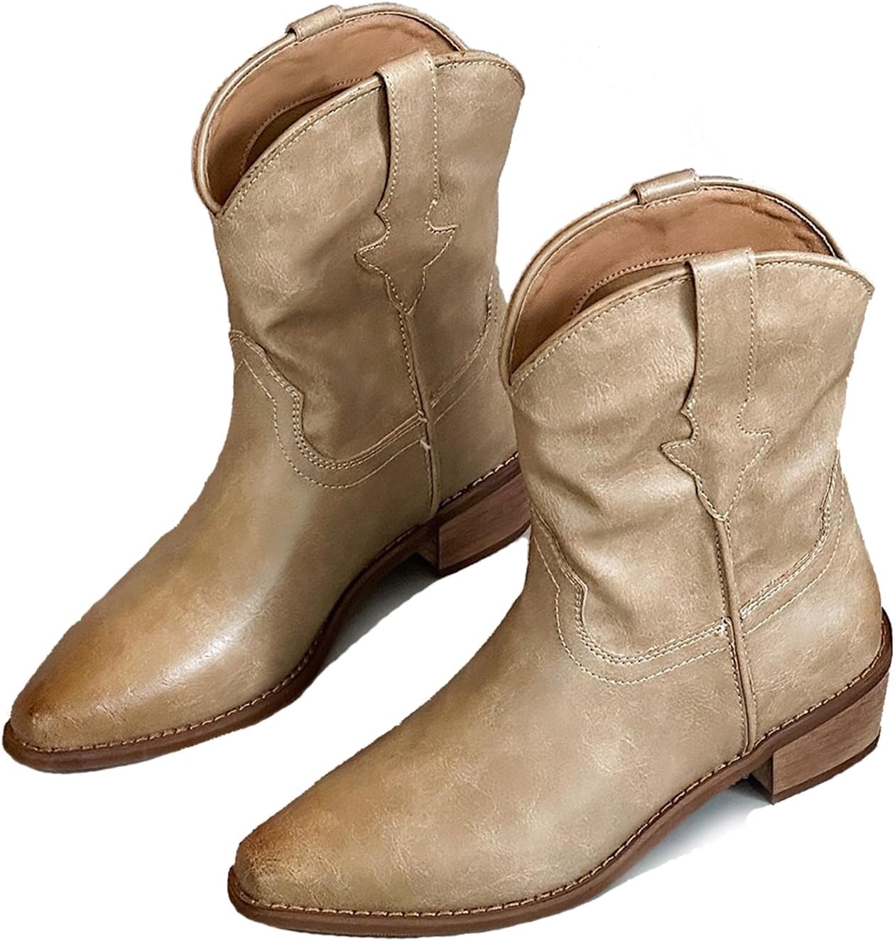 Women's Leather Western Cowboy Cowgirl Casual Ankle Boots Classic Pointed Toe Low Block Heel Dress Pull-on Mid-Calf Boots