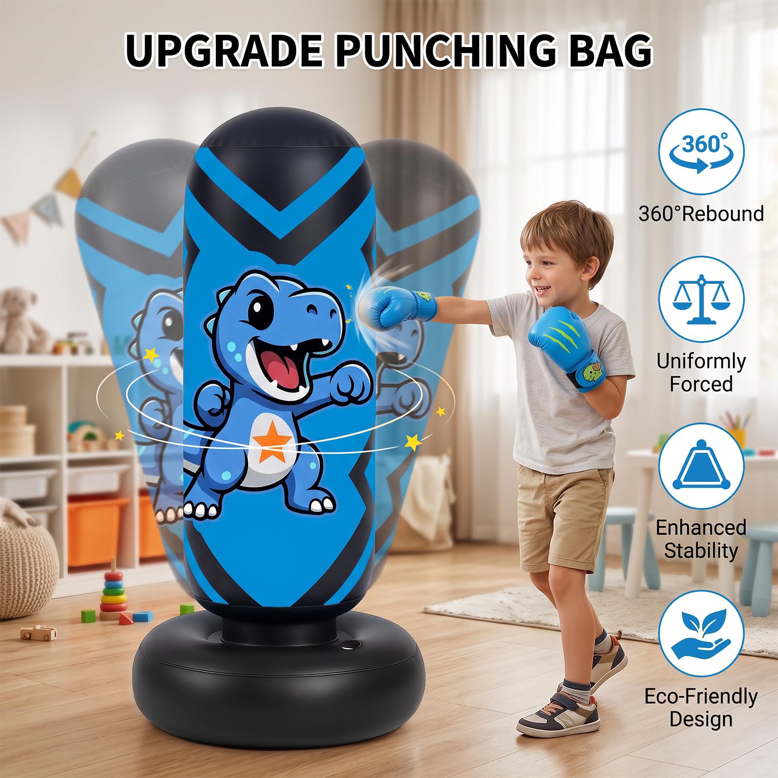 Ninonly 130cm Sacco da Boxe per Bambini Gonfiabile con Guanti e Pompa | Sacco Boxe da Terra per Bambini 3-8 Anni, PVC Resistente Punchball per Karate Taekwondo, Design Dinosauro Allenamento a Casa