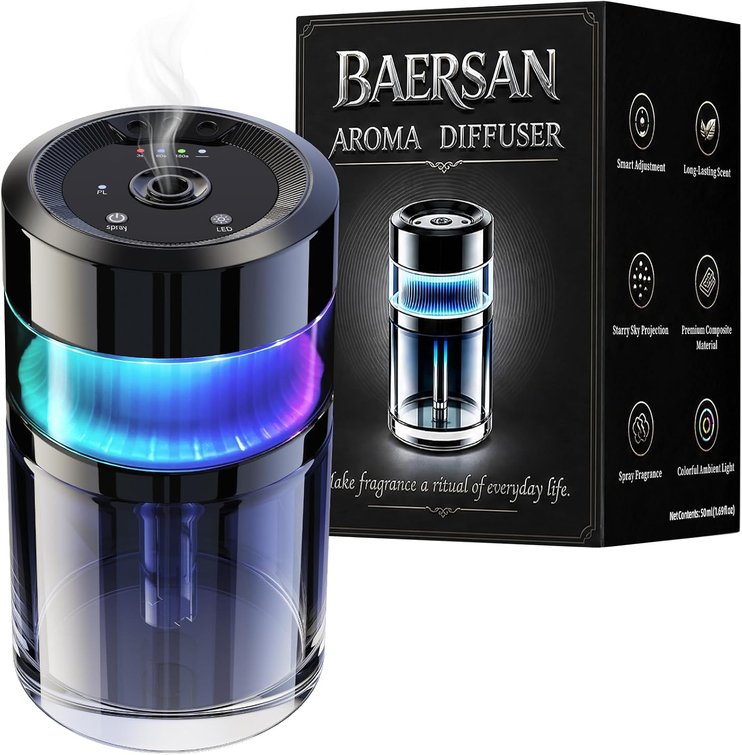 Portable Waterless Aroma Diffuser, Starry Sky Projector with 7 LED Lights